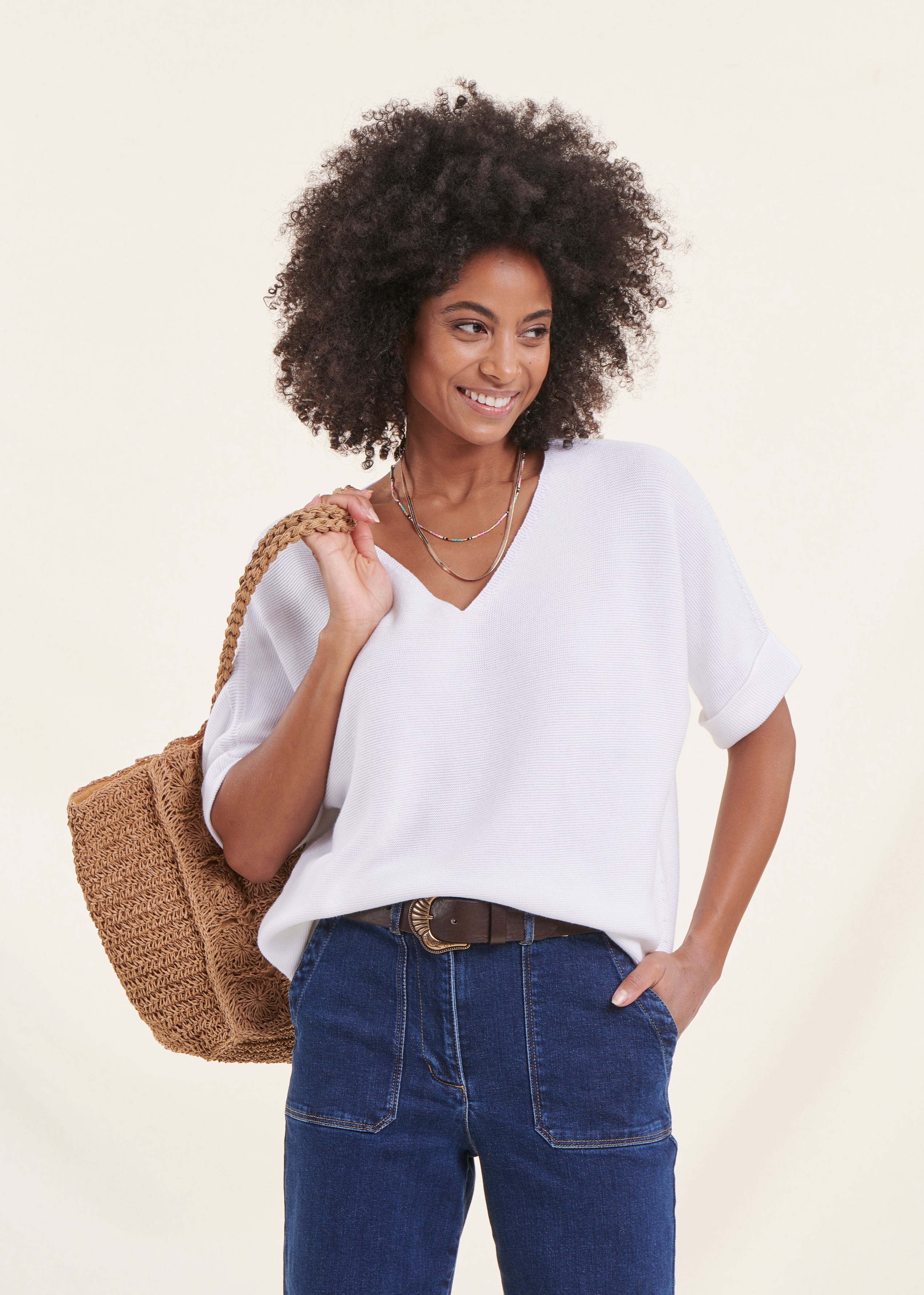 White short-sleeved V-neck sweater