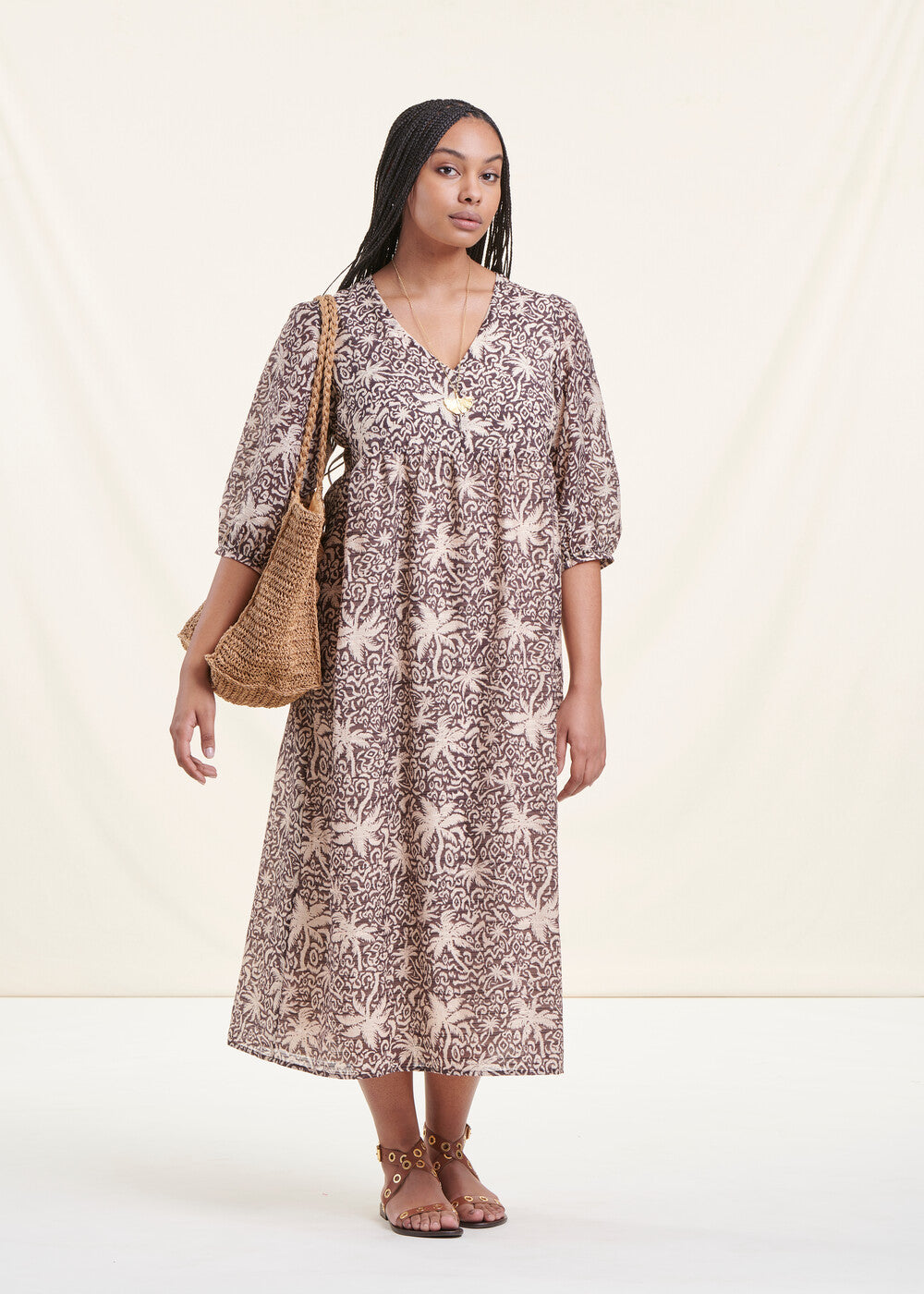 Long brown bohemian dress in cotton voile with 3/4 sleeves