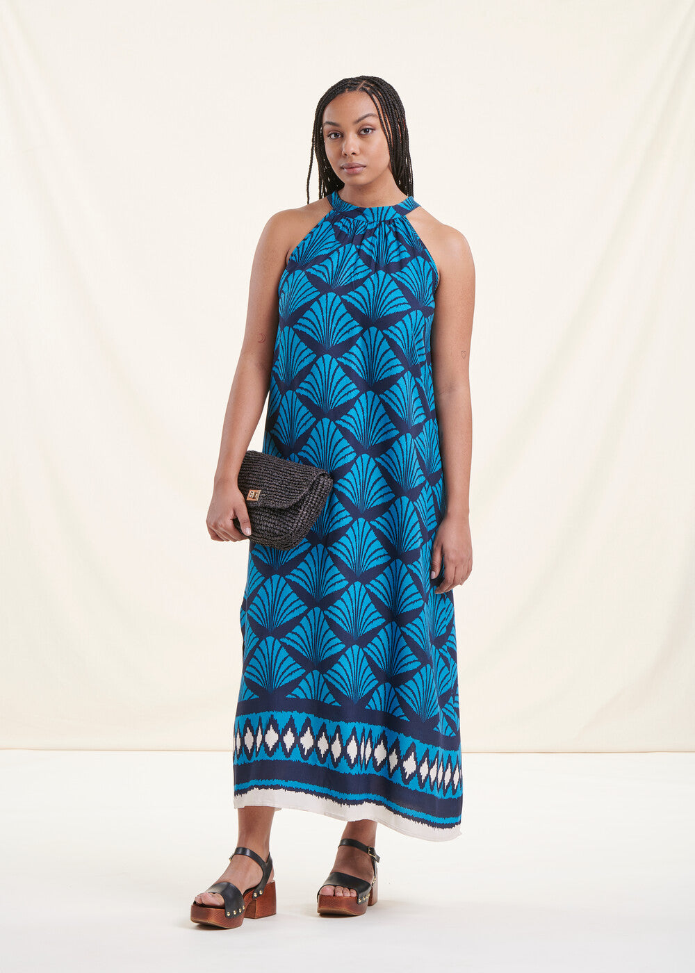 Blue long printed sleeveless sundress