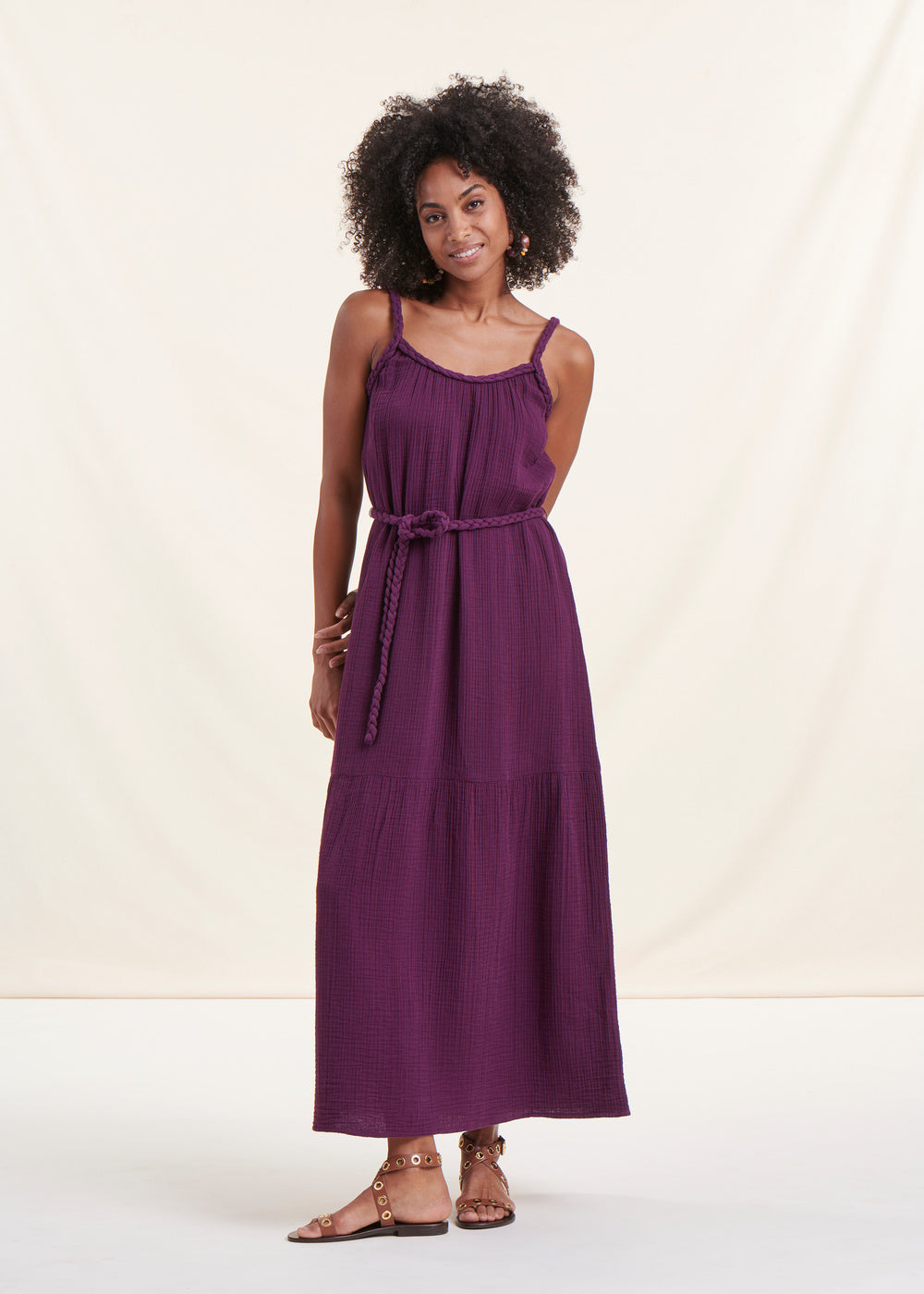 Long plum dress with straps in organic cotton gauze La Fee Maraboutee