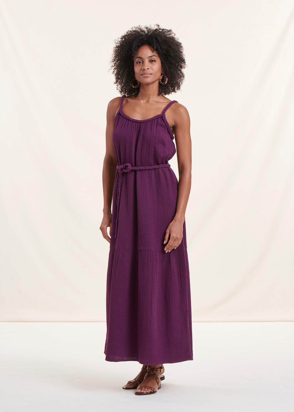 Long plum dress with straps in organic cotton gauze