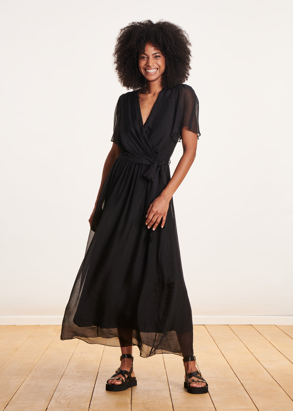 Long black bohemian fitted dress in plain voile