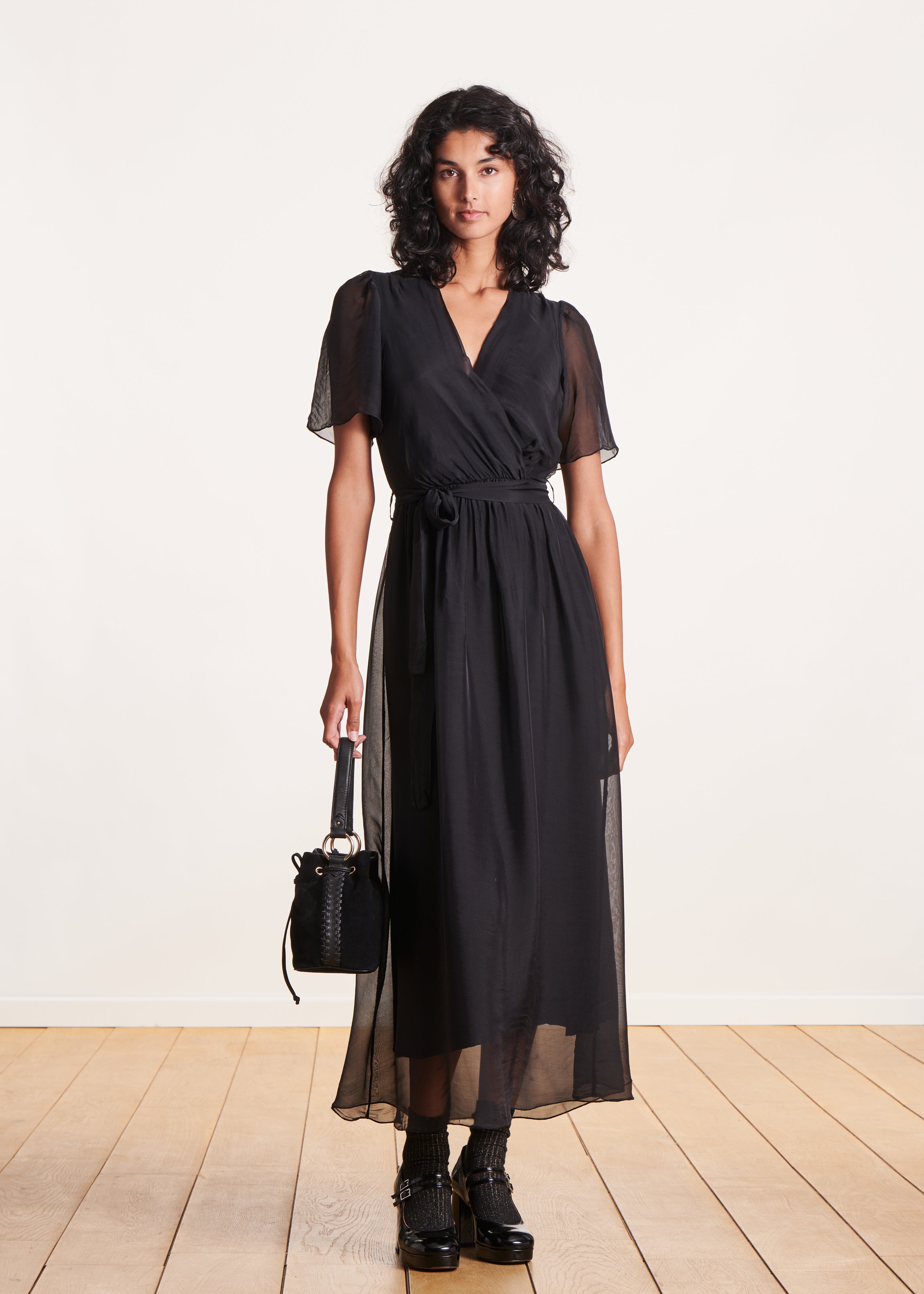 Long black bohemian fitted dress in plain voile