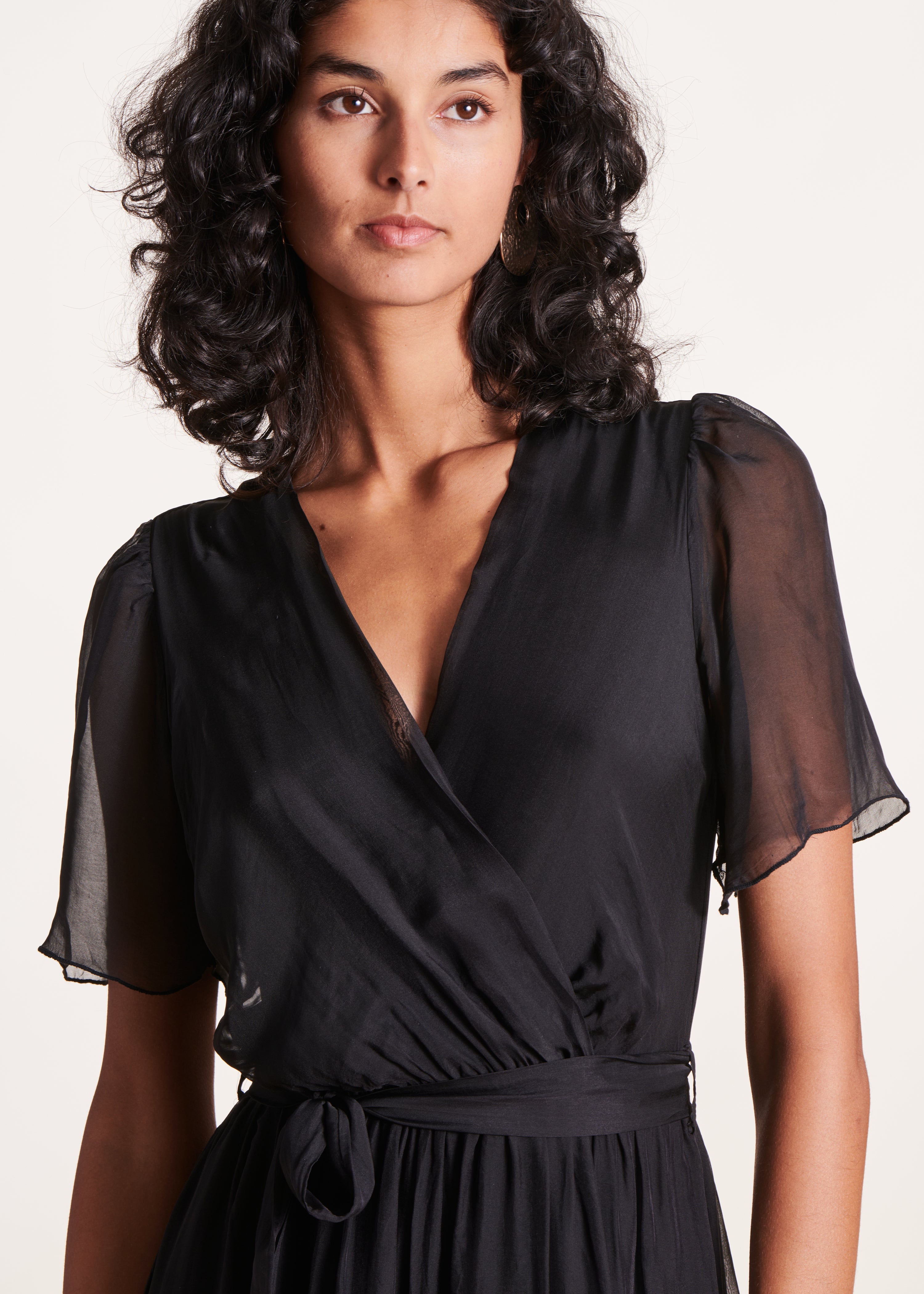 Long black bohemian fitted dress in plain voile