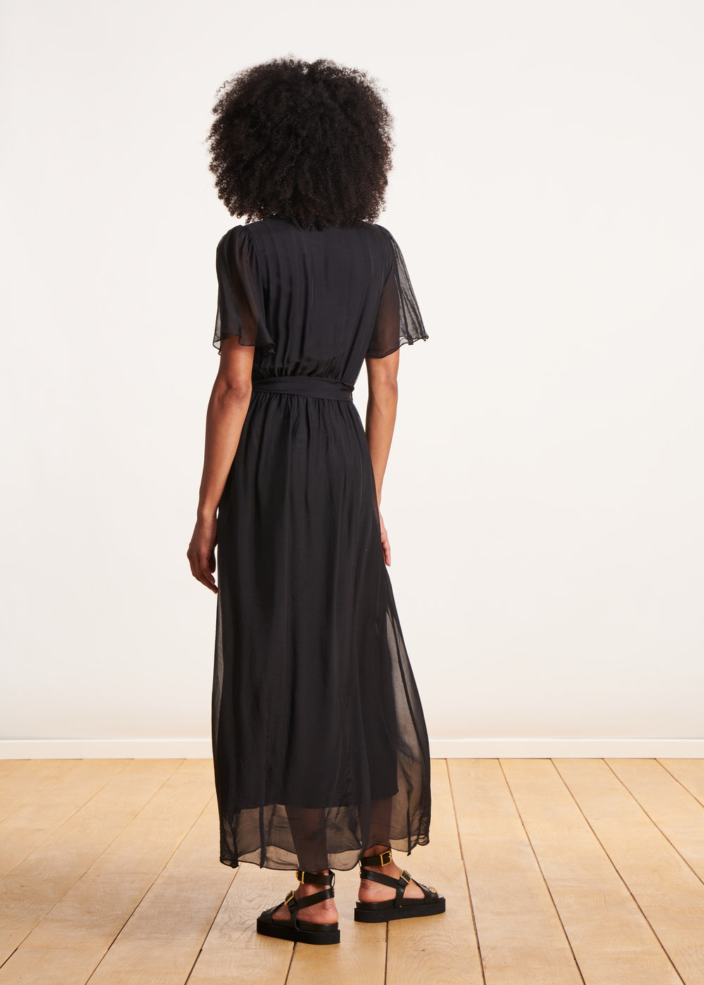 Long black bohemian fitted dress in plain voile