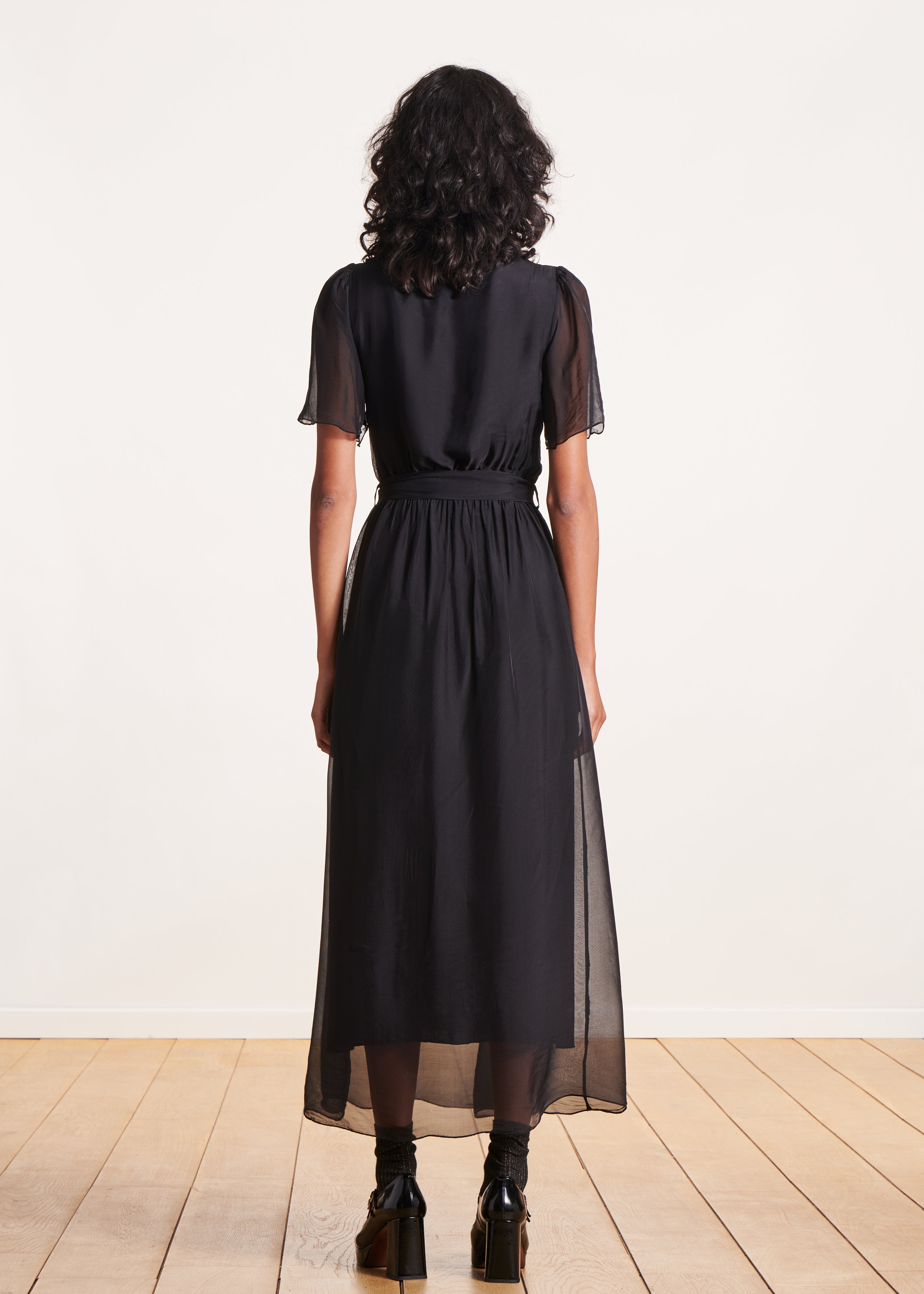 Long black bohemian fitted dress in plain voile