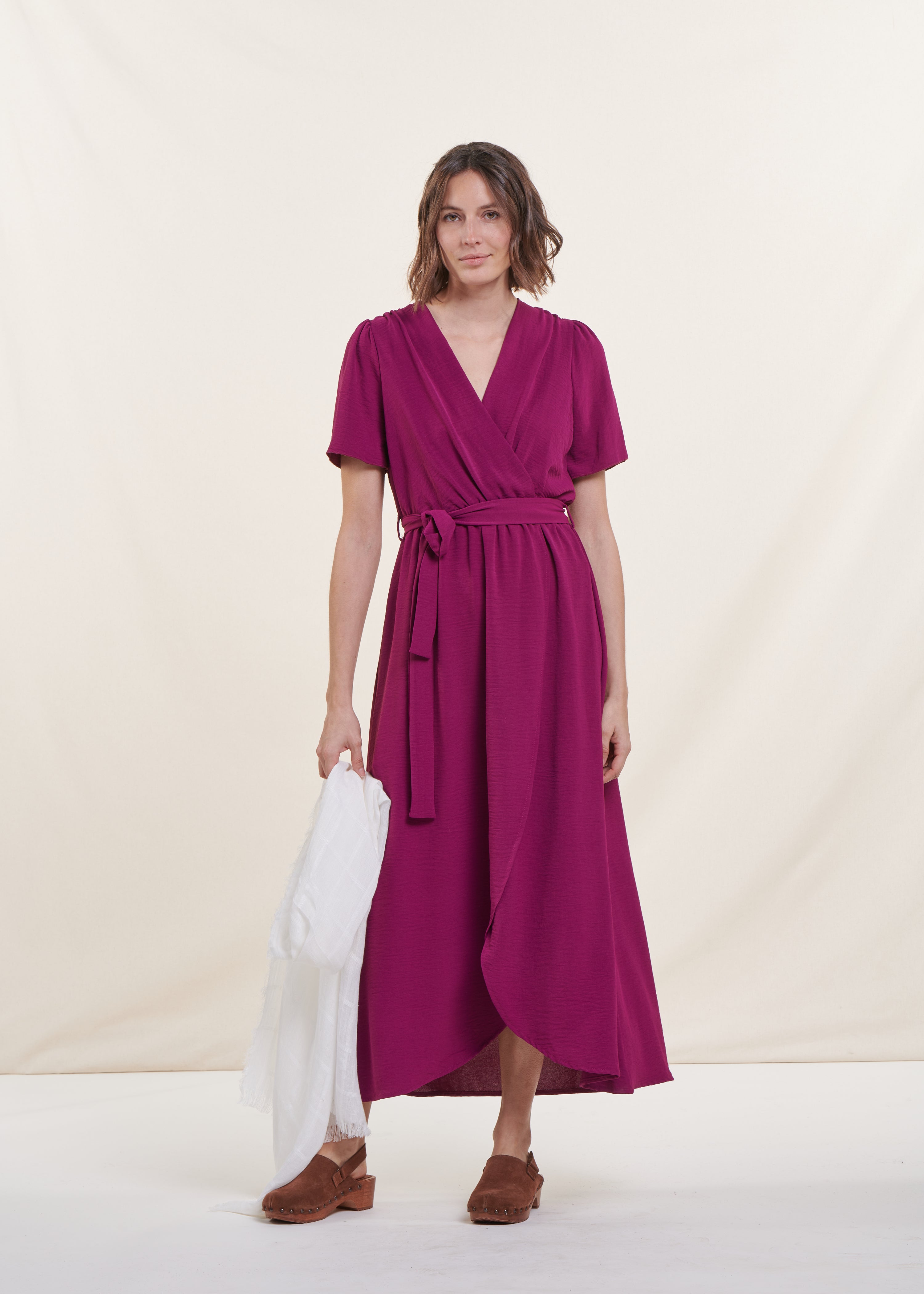 Purple faux wrap long dress with short sleeves