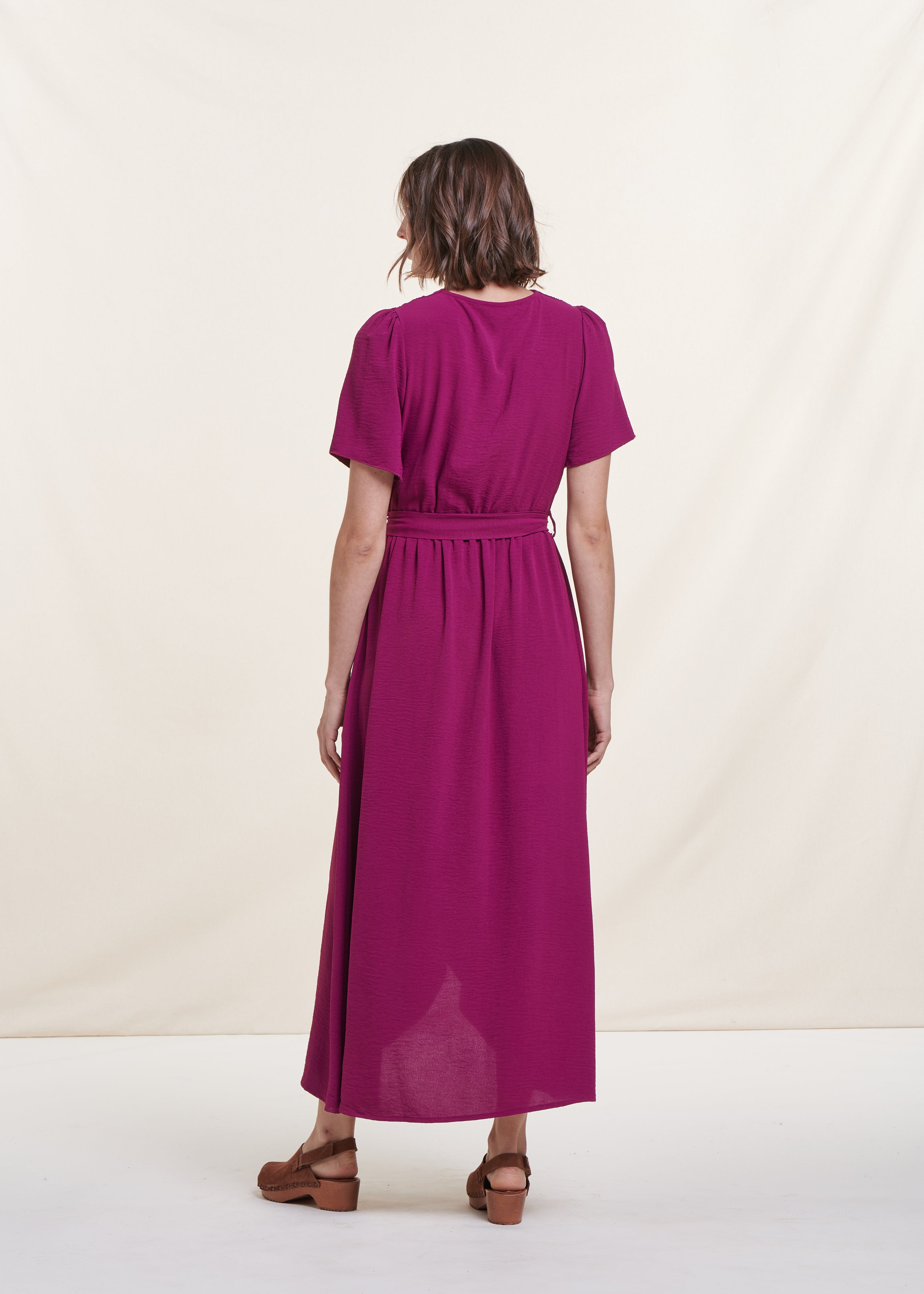 Purple faux wrap long dress with short sleeves