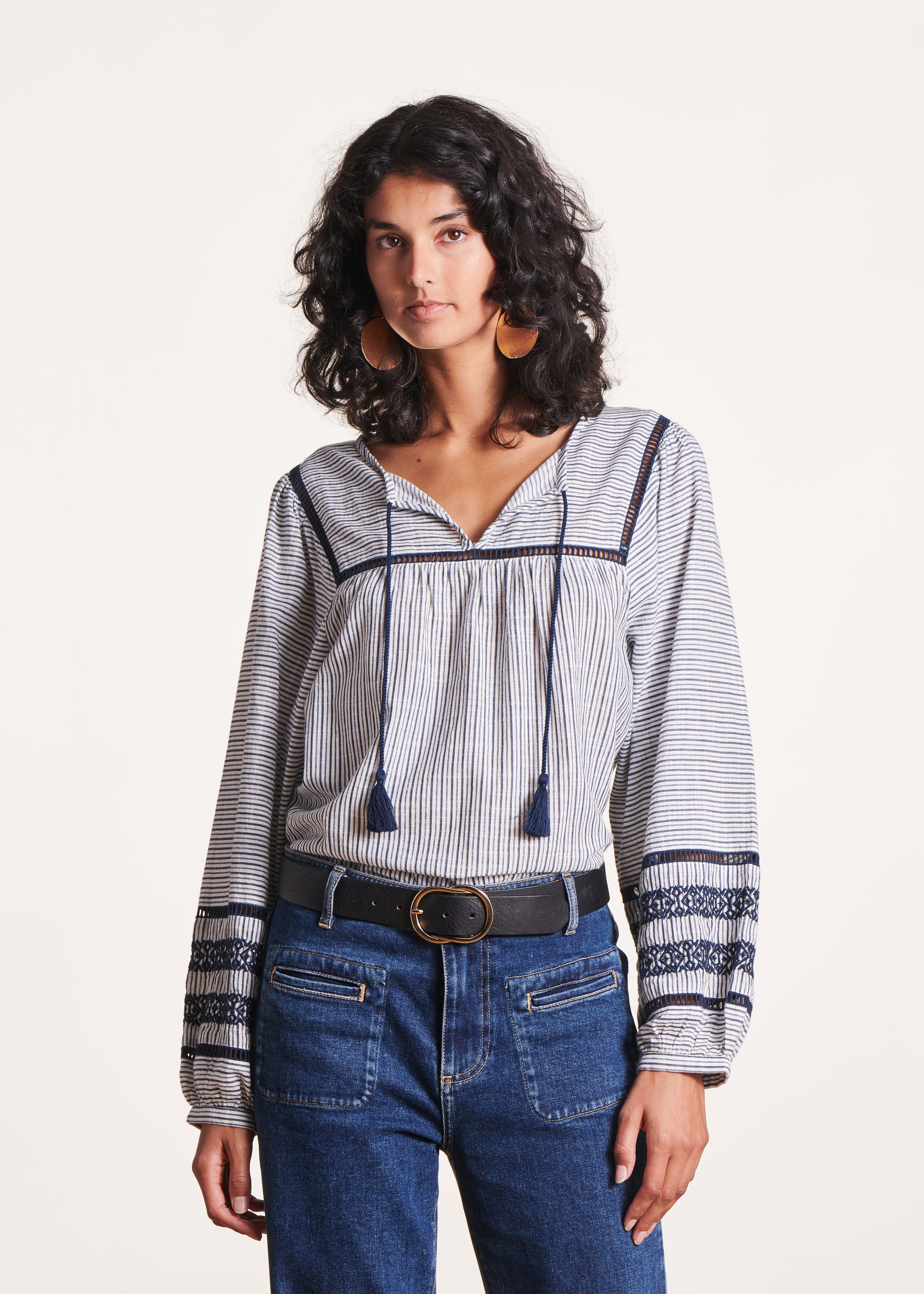 Blue long-sleeved striped organic cotton top