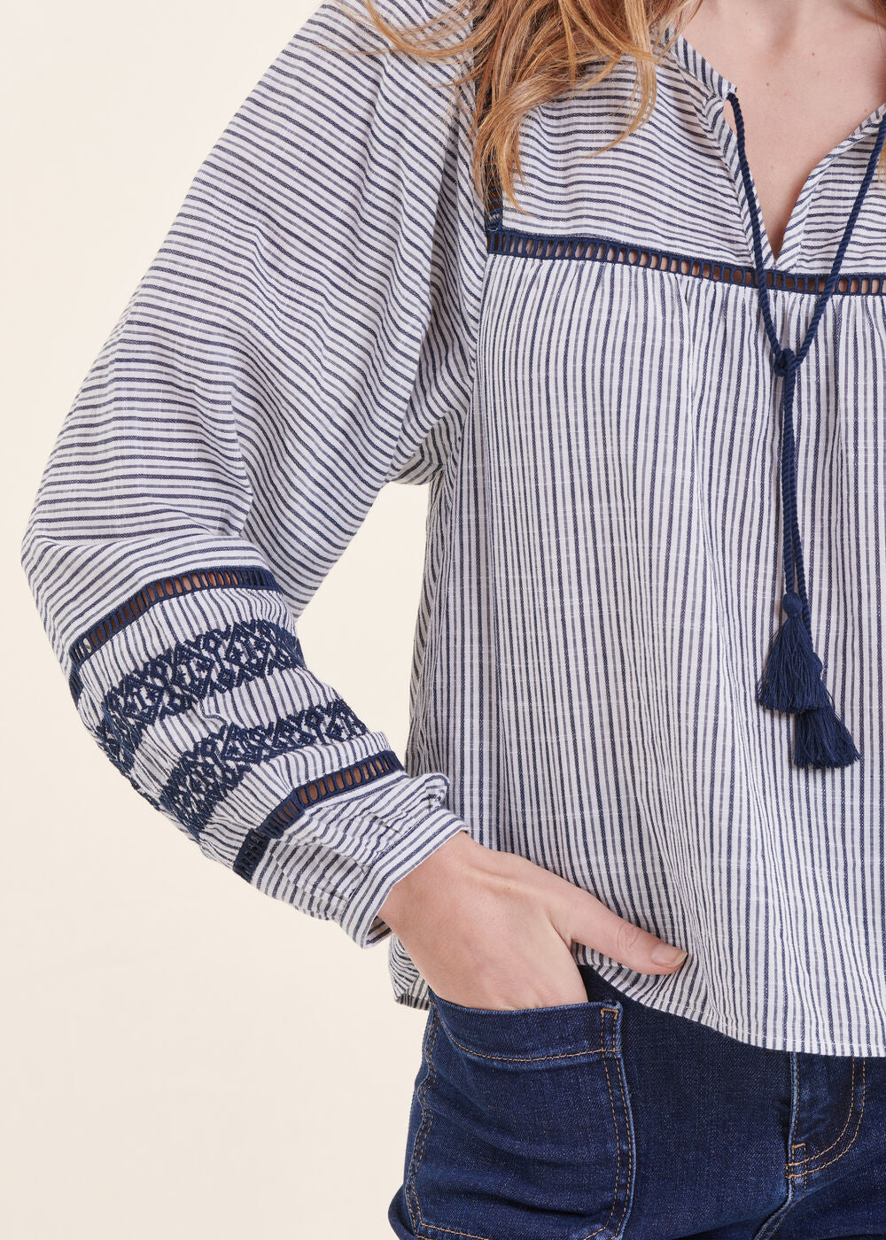 Blue long-sleeved striped organic cotton top