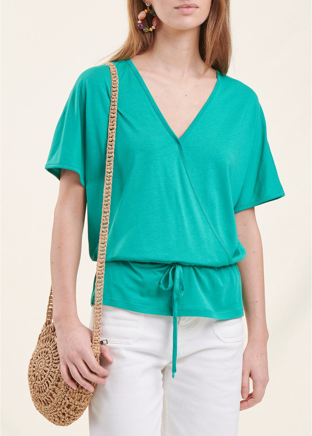 T-shirt blousant vert menthe en lyocell manches courtes