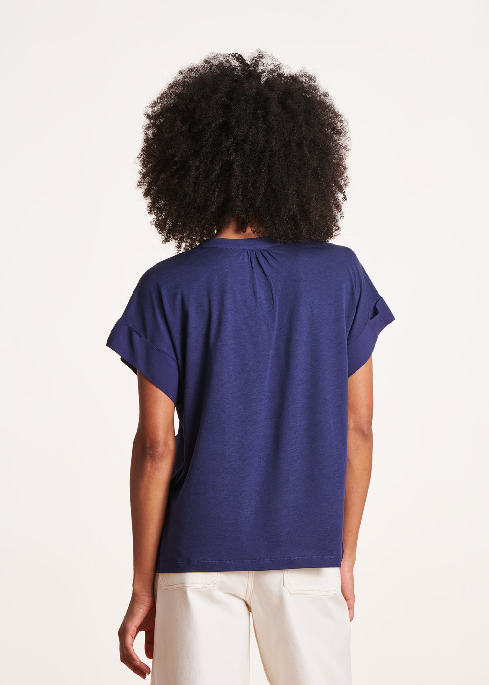 Navy blue bi-material top with short sleeves