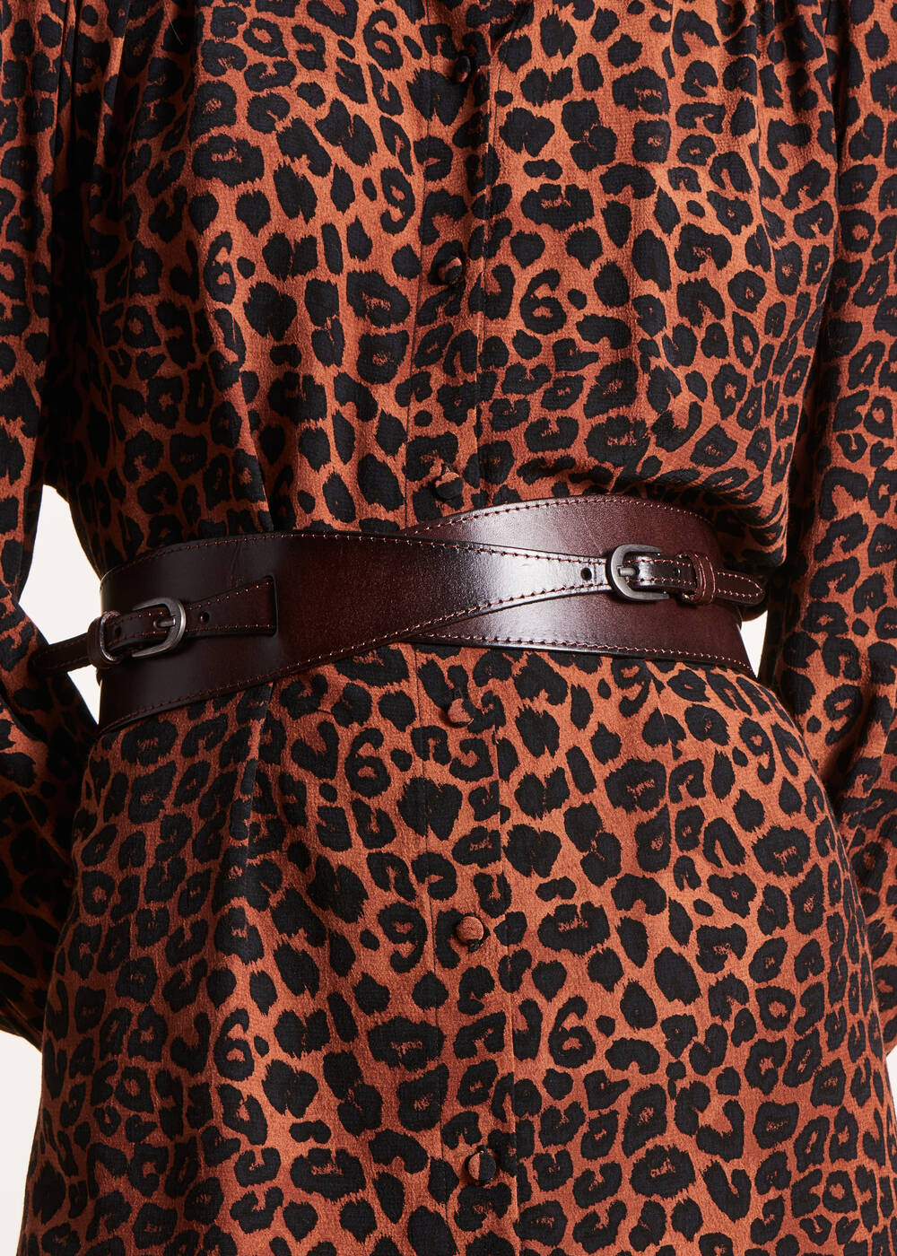 Brown leather belt with double buckles