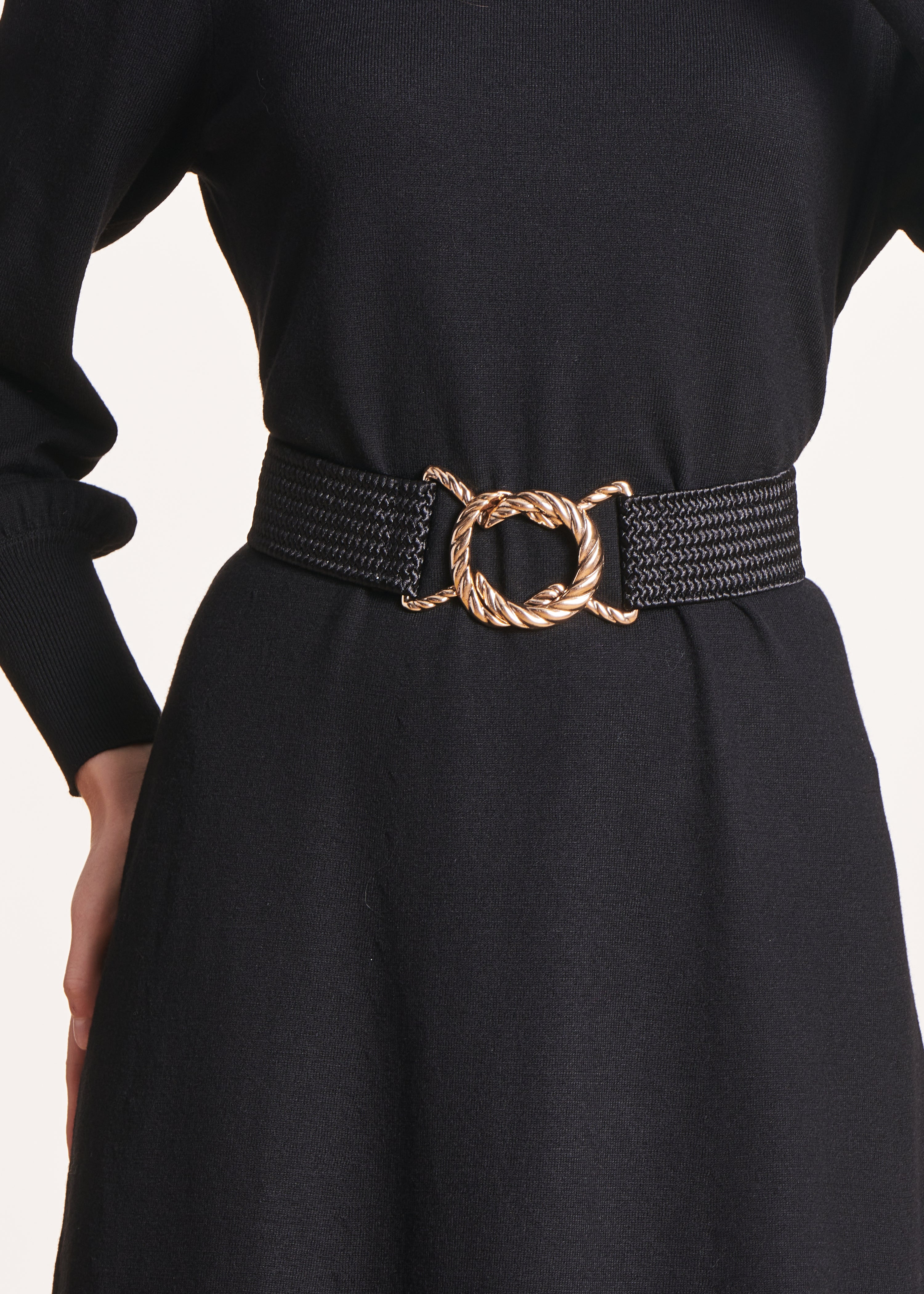 Black elasticated belt with fancy buckle