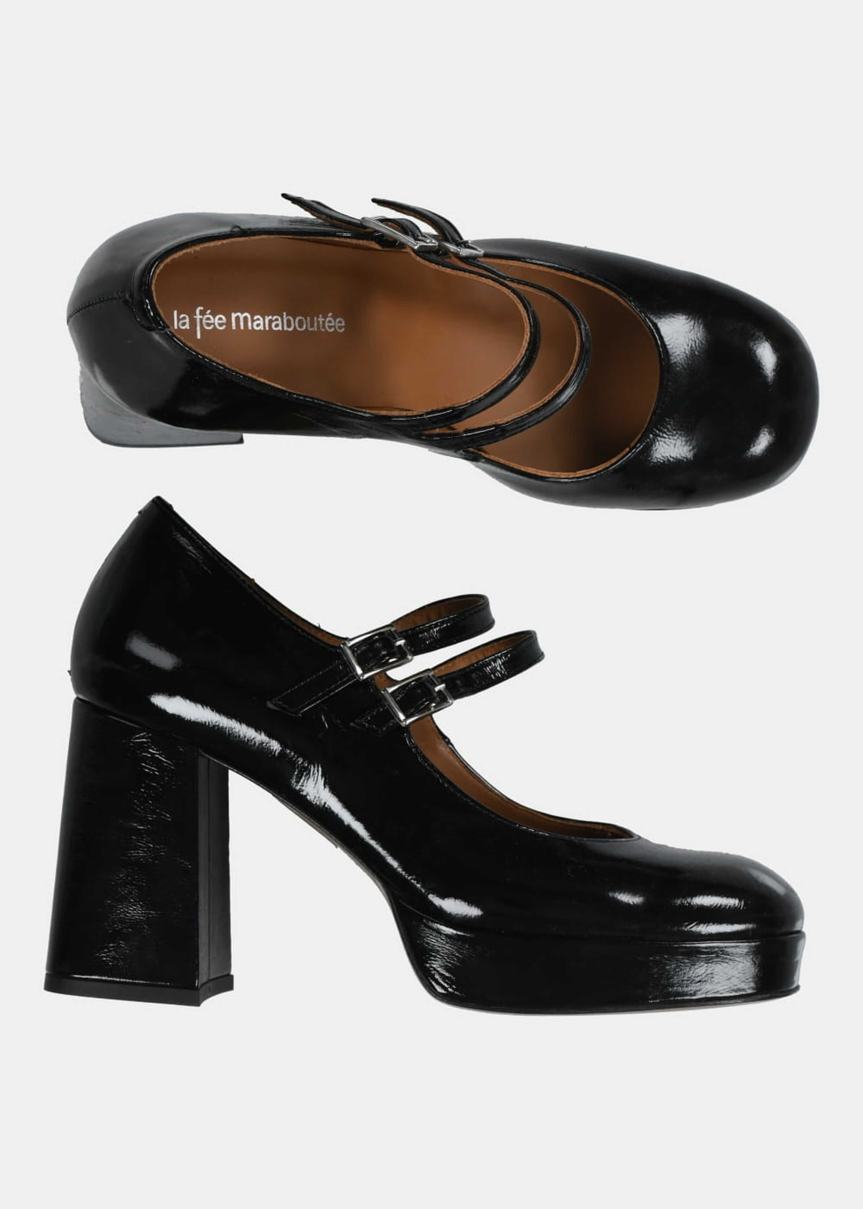 Black patent leather babies with heels