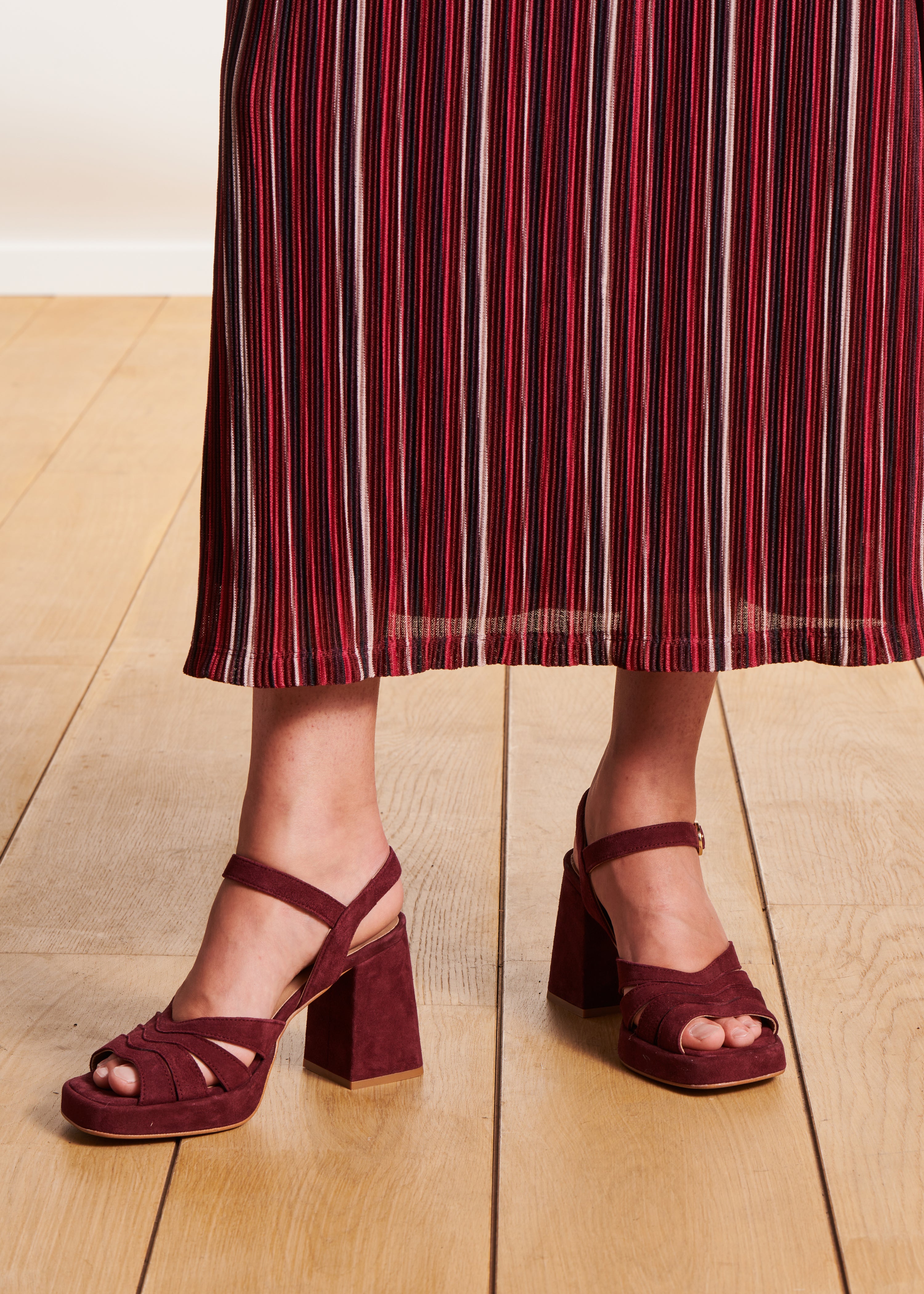 Burgundy velvet heeled sandals