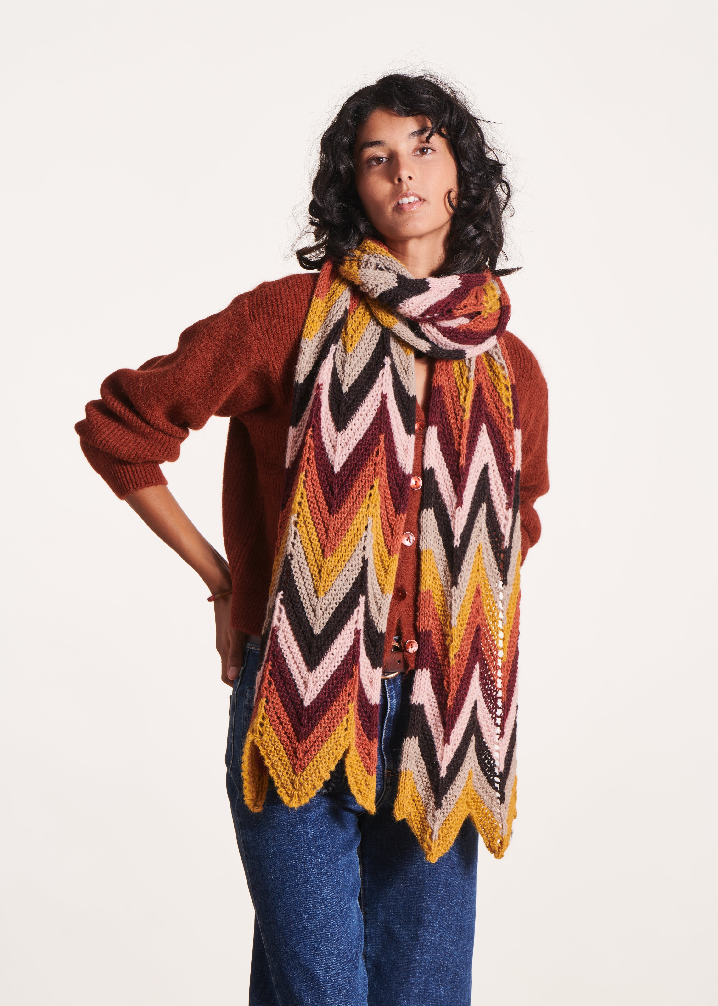 Multicolored openwork knit scarf