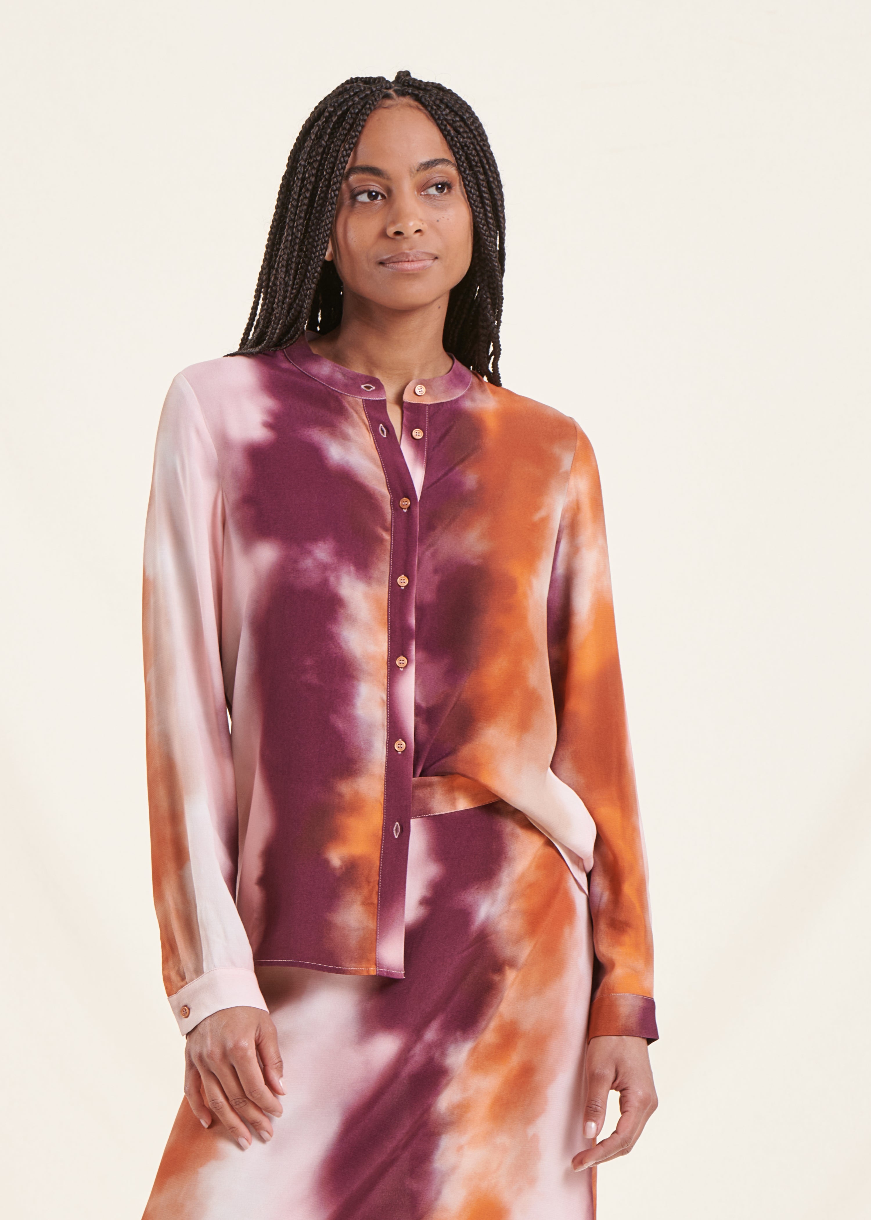 Loose tie-dye print mandarin collar shirt