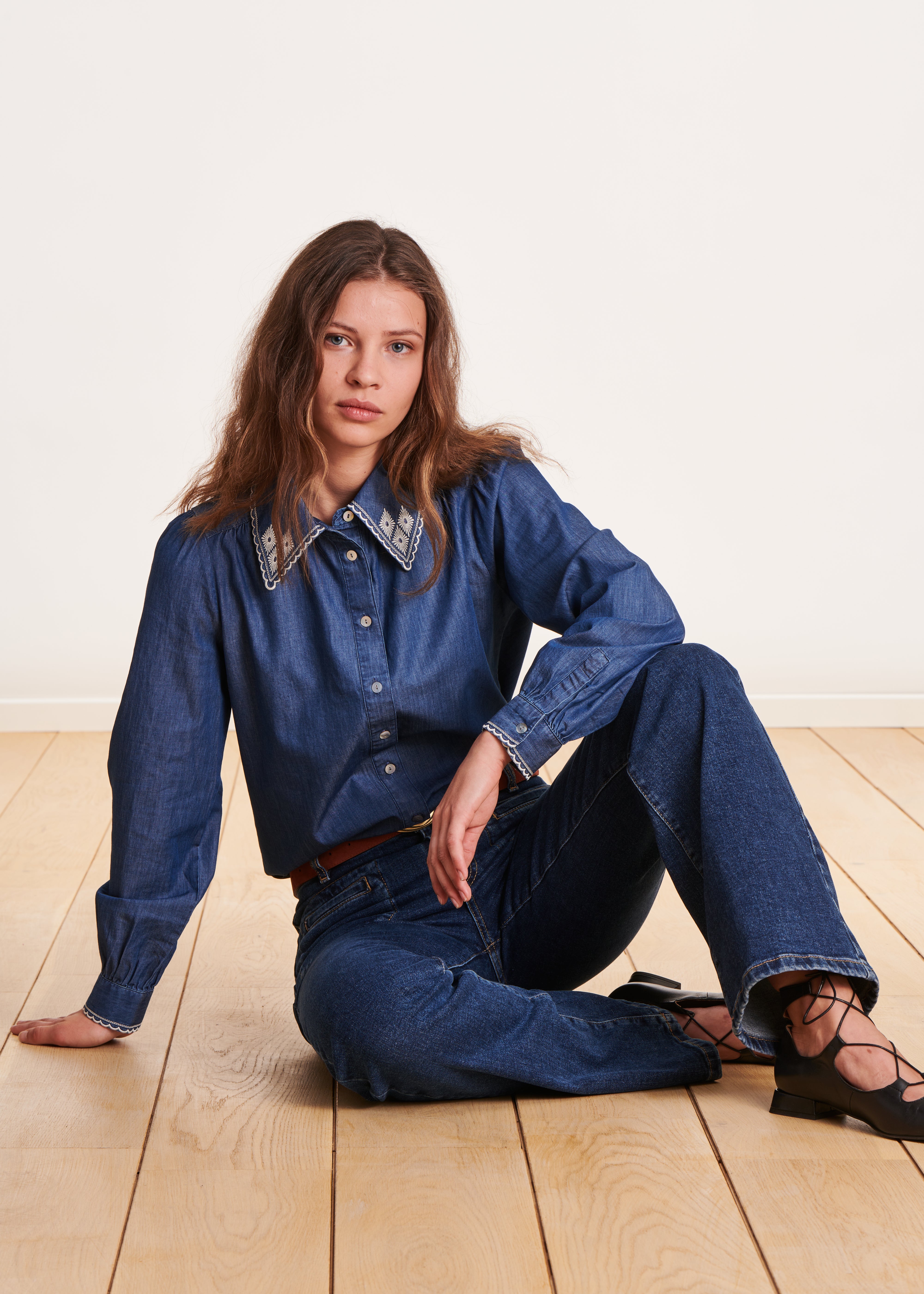 Organic cotton denim shirt with embroidery