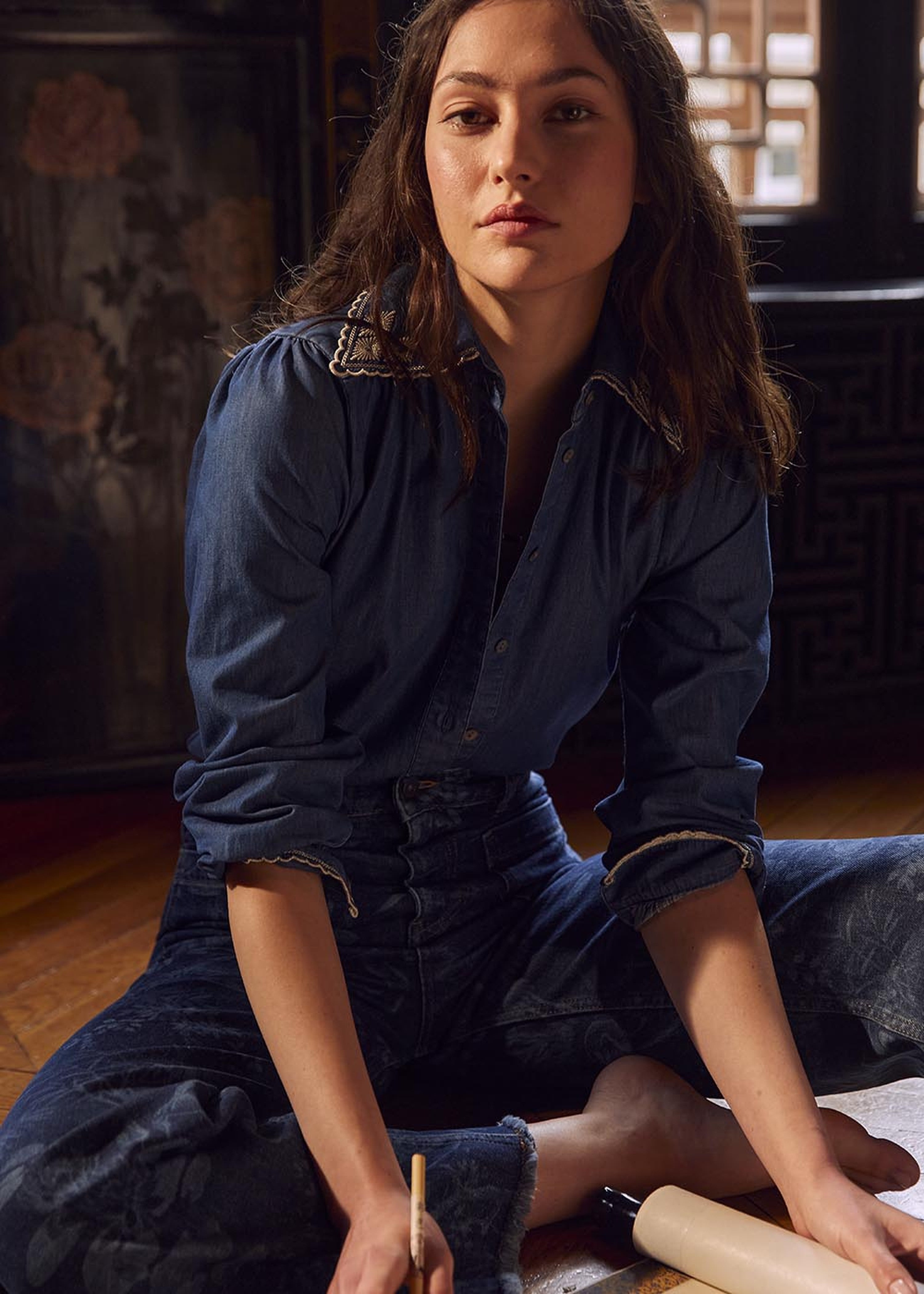 Organic cotton denim shirt with embroidery