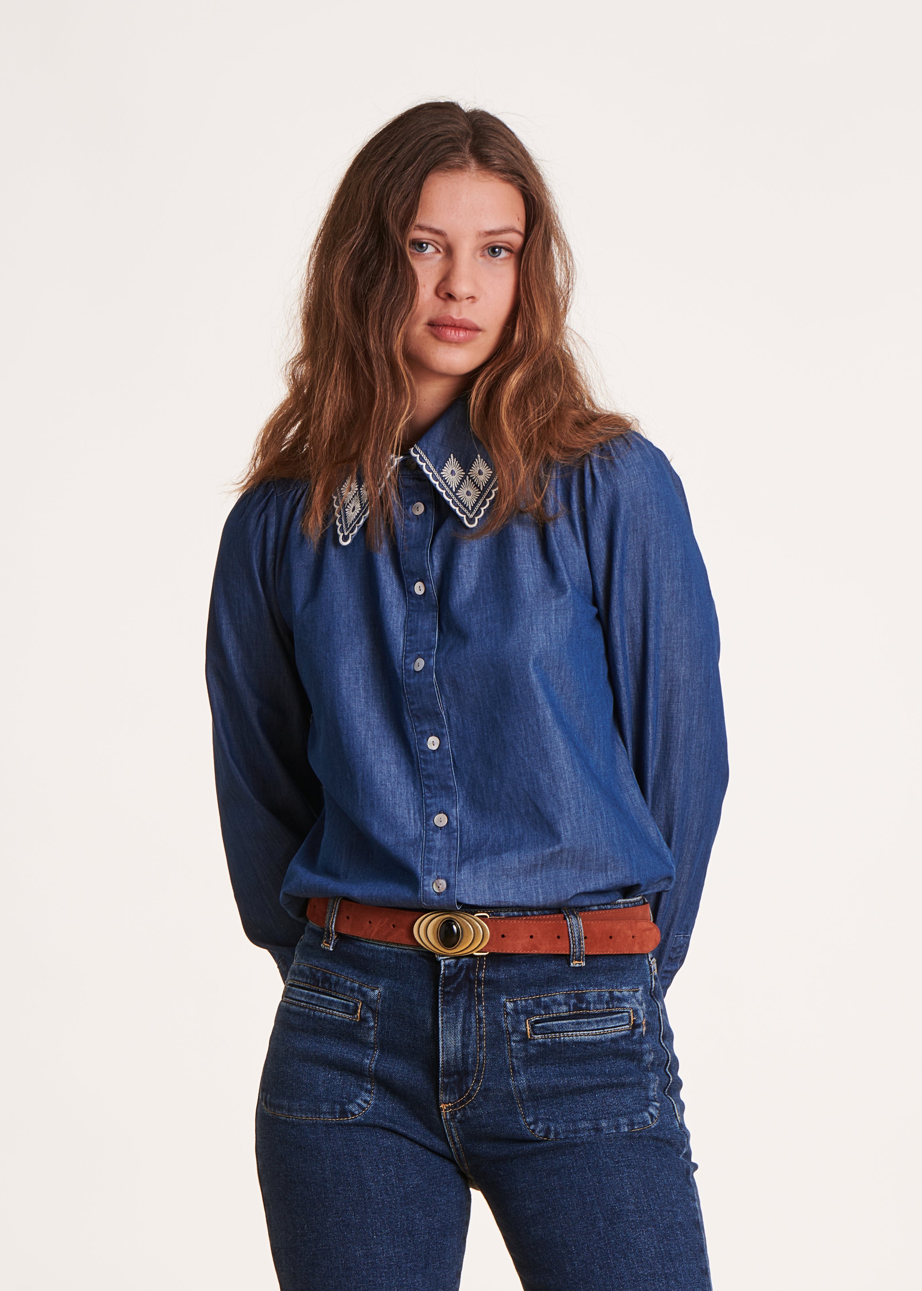 Organic cotton denim shirt with embroidery