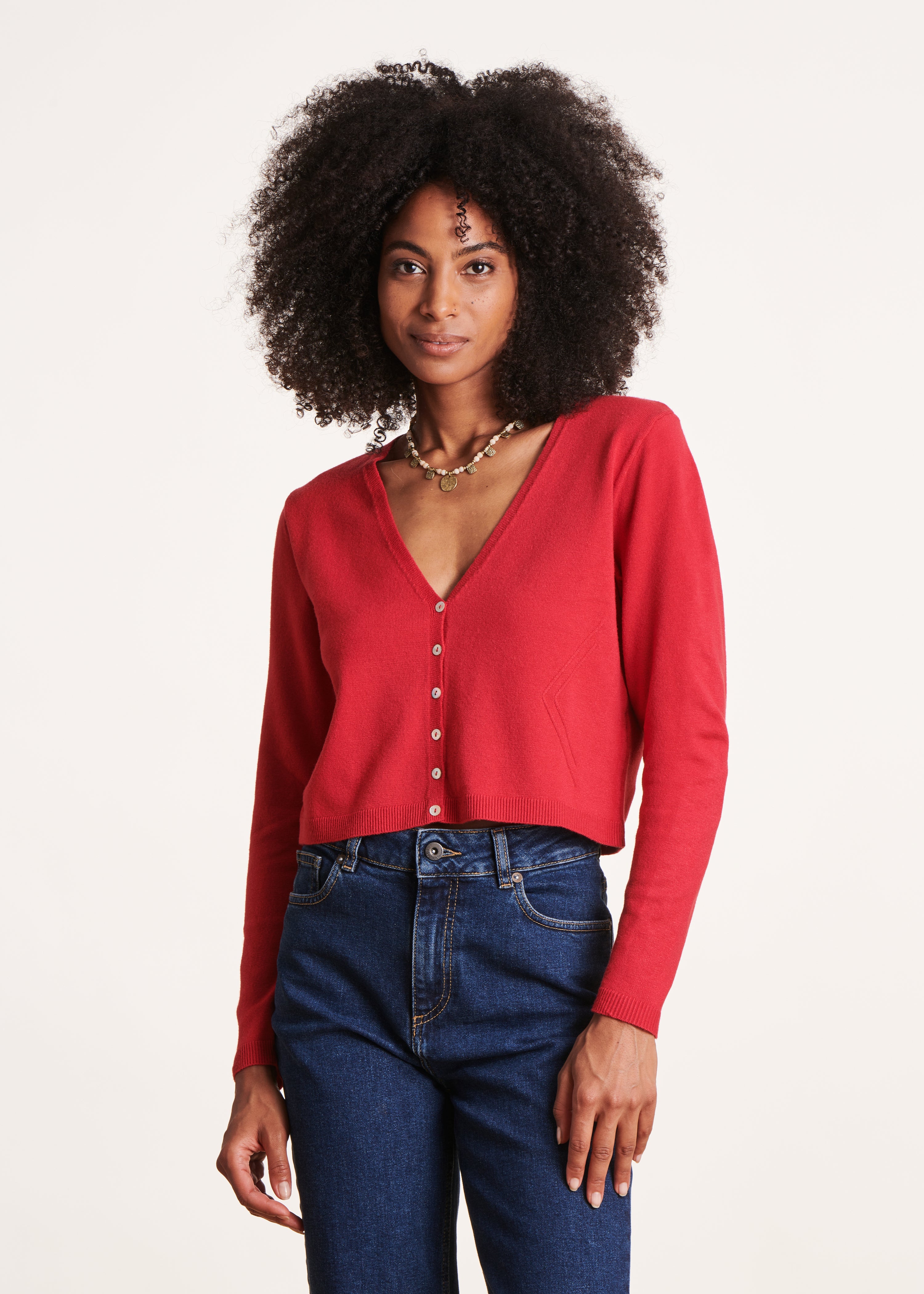 Short red V-neck cardigan