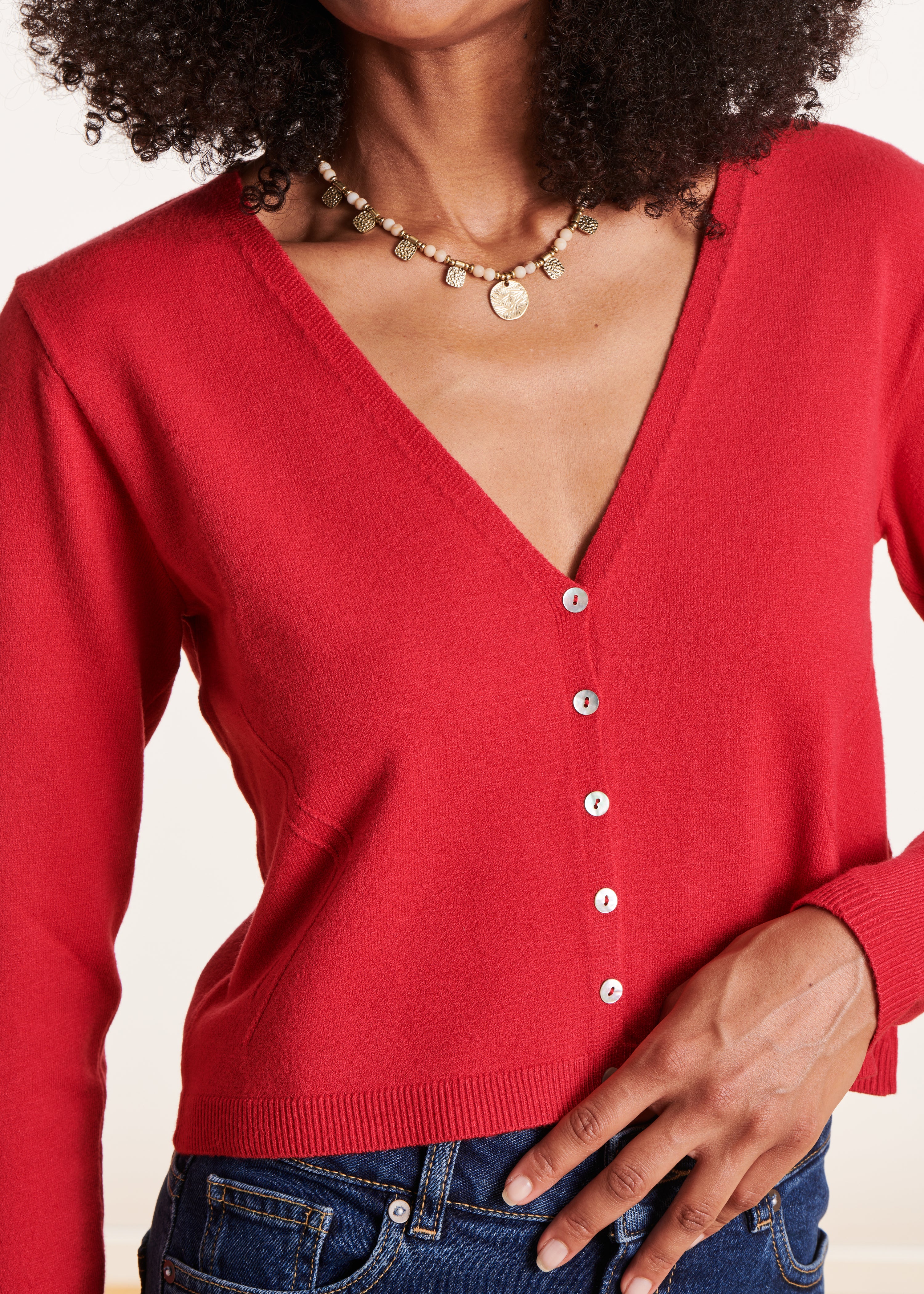 Short red V-neck cardigan