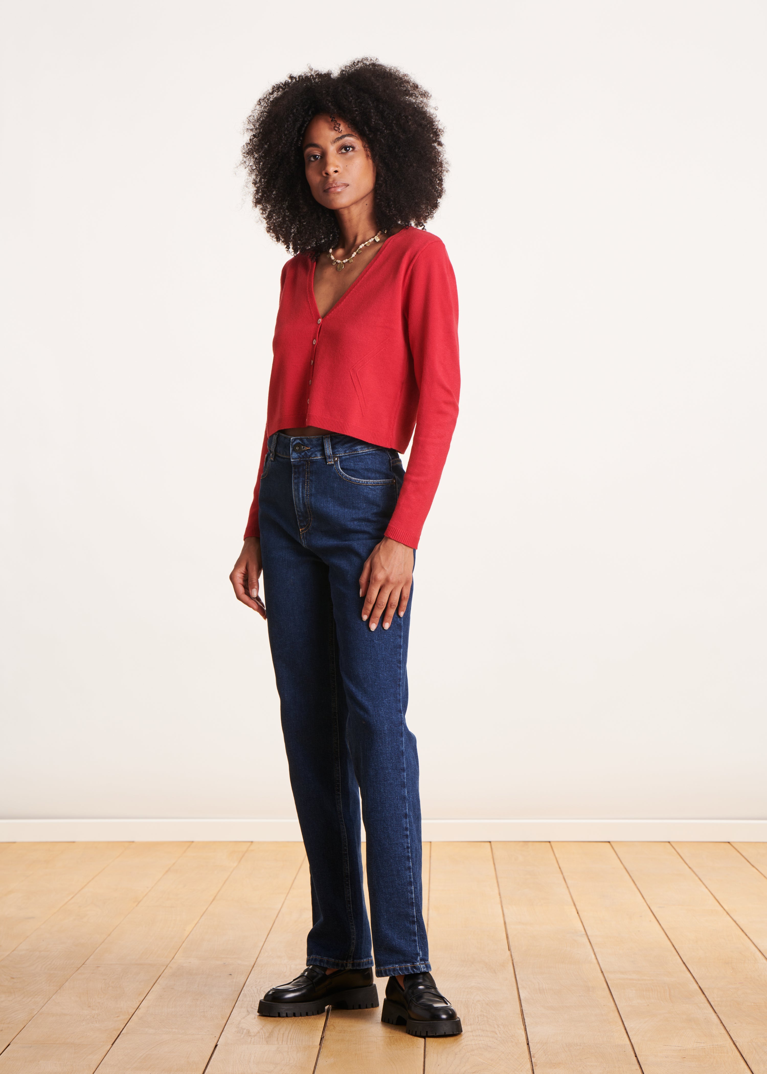 Short red V-neck cardigan