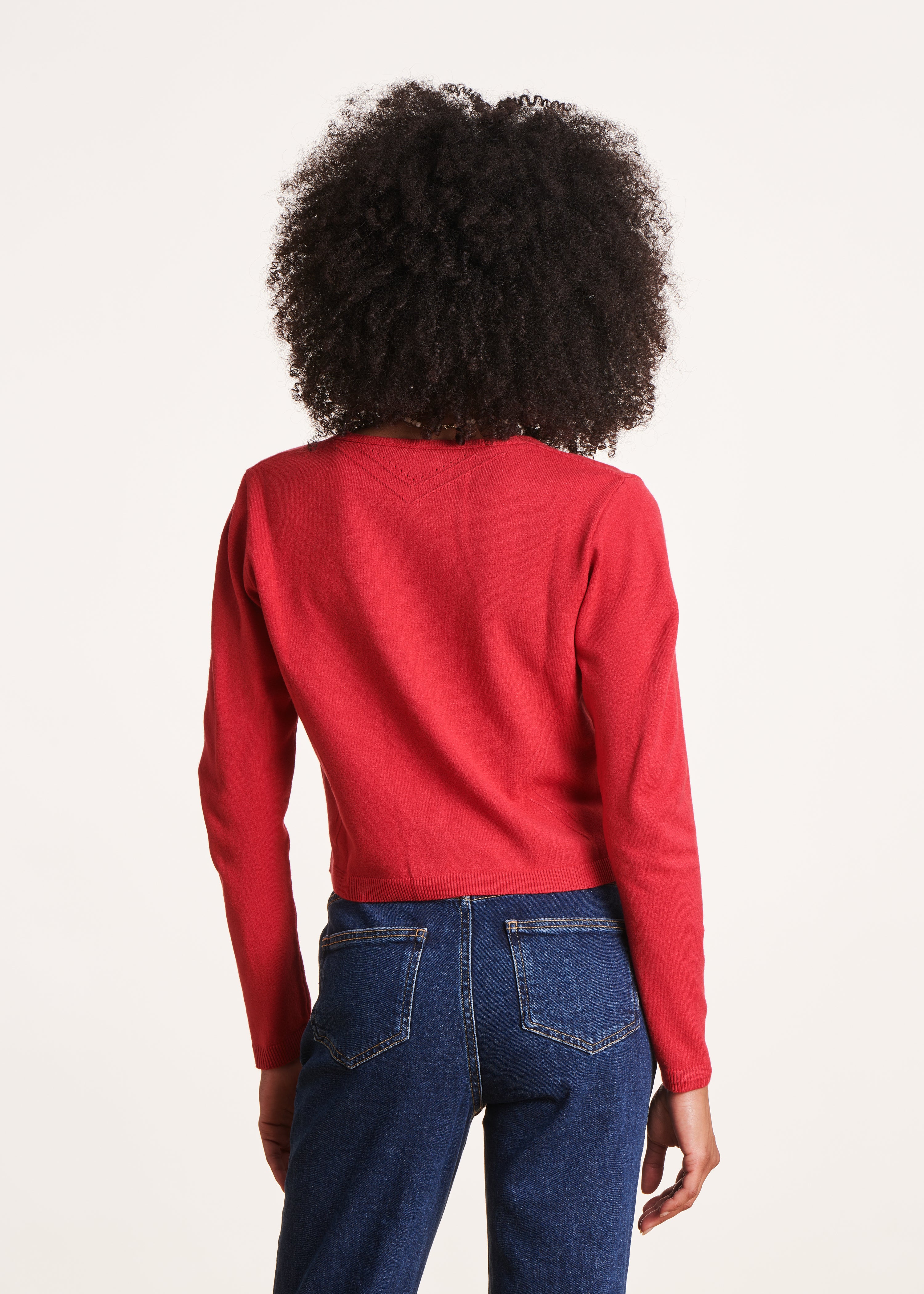 Short red V-neck cardigan