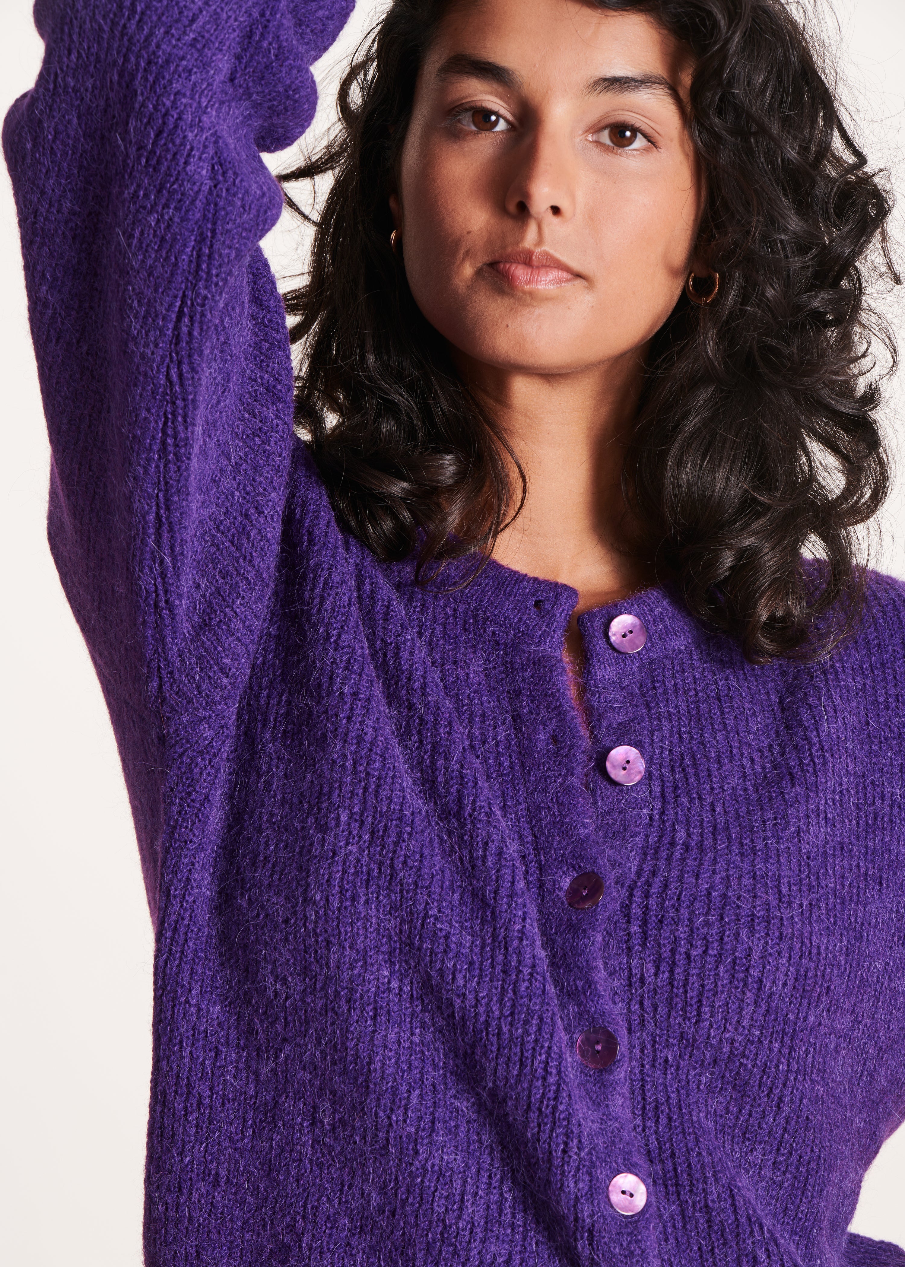 Purple loose-fitting ribbed cardigan