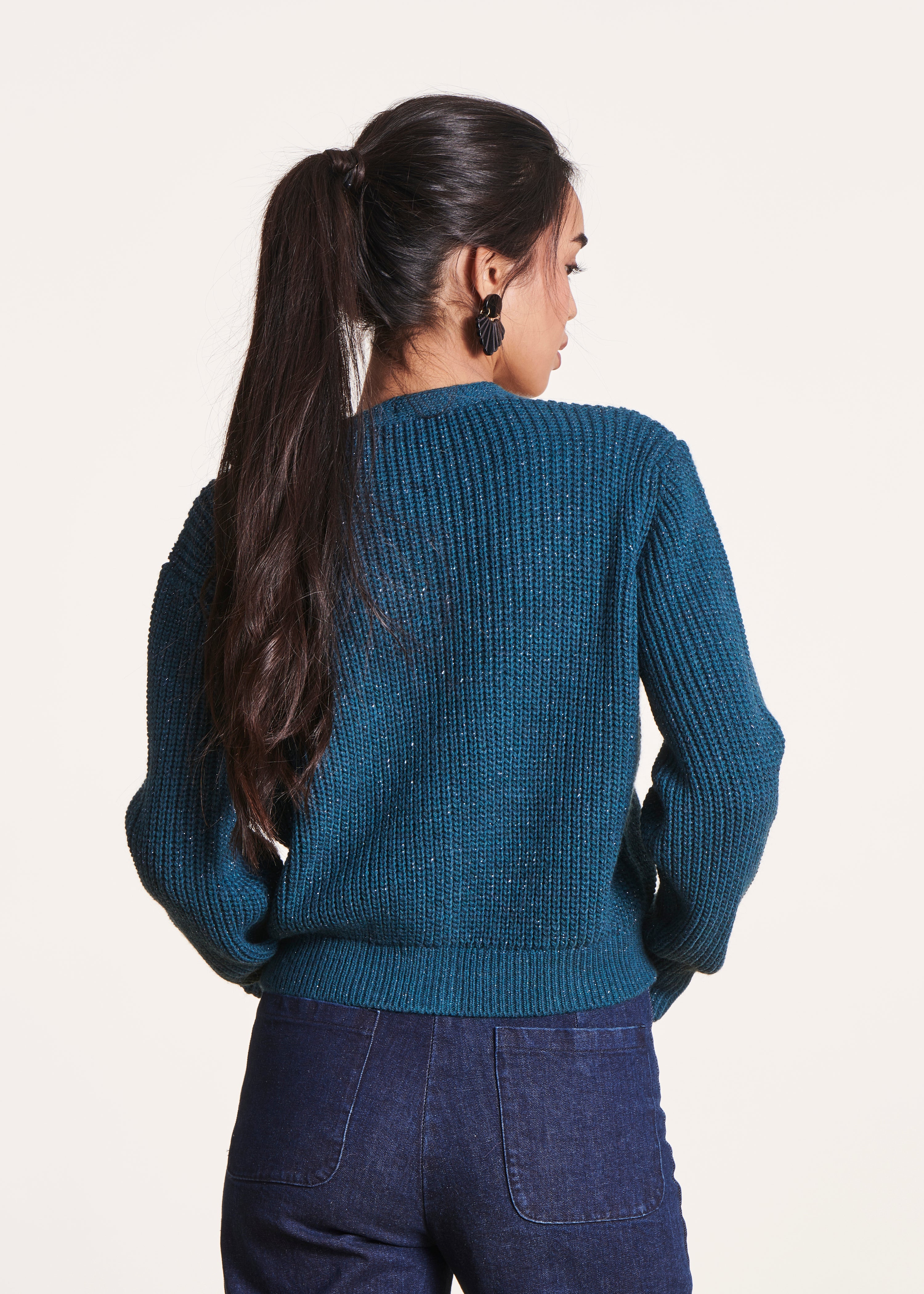 Short petrol blue cardigan in iridescent V-neck knit