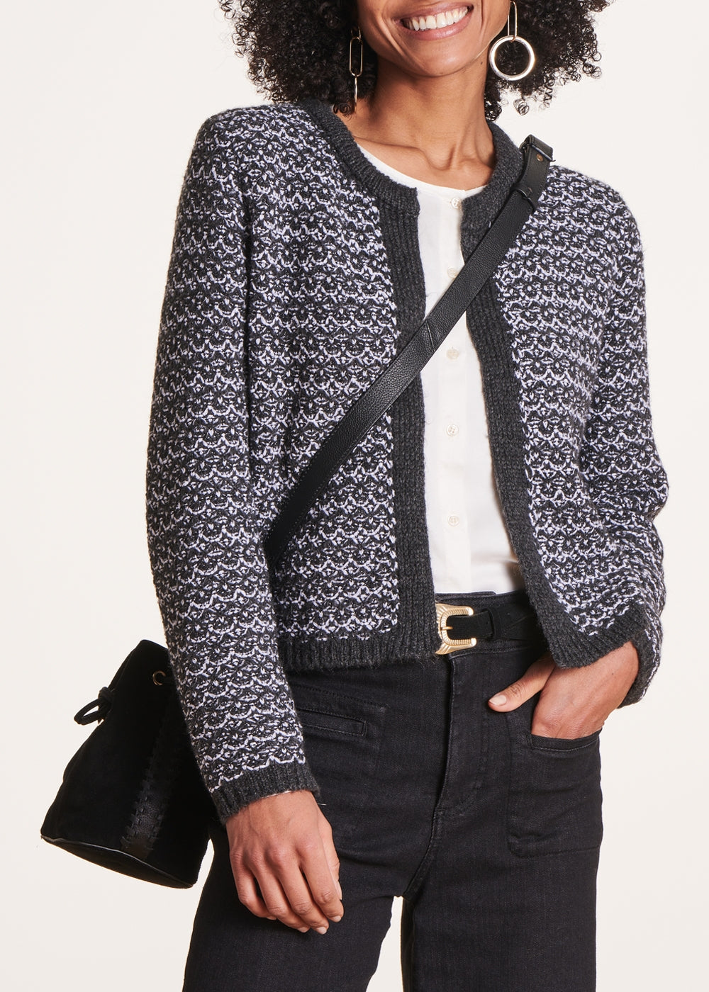 Dark grey iridescent knitted cardigan with round neckline