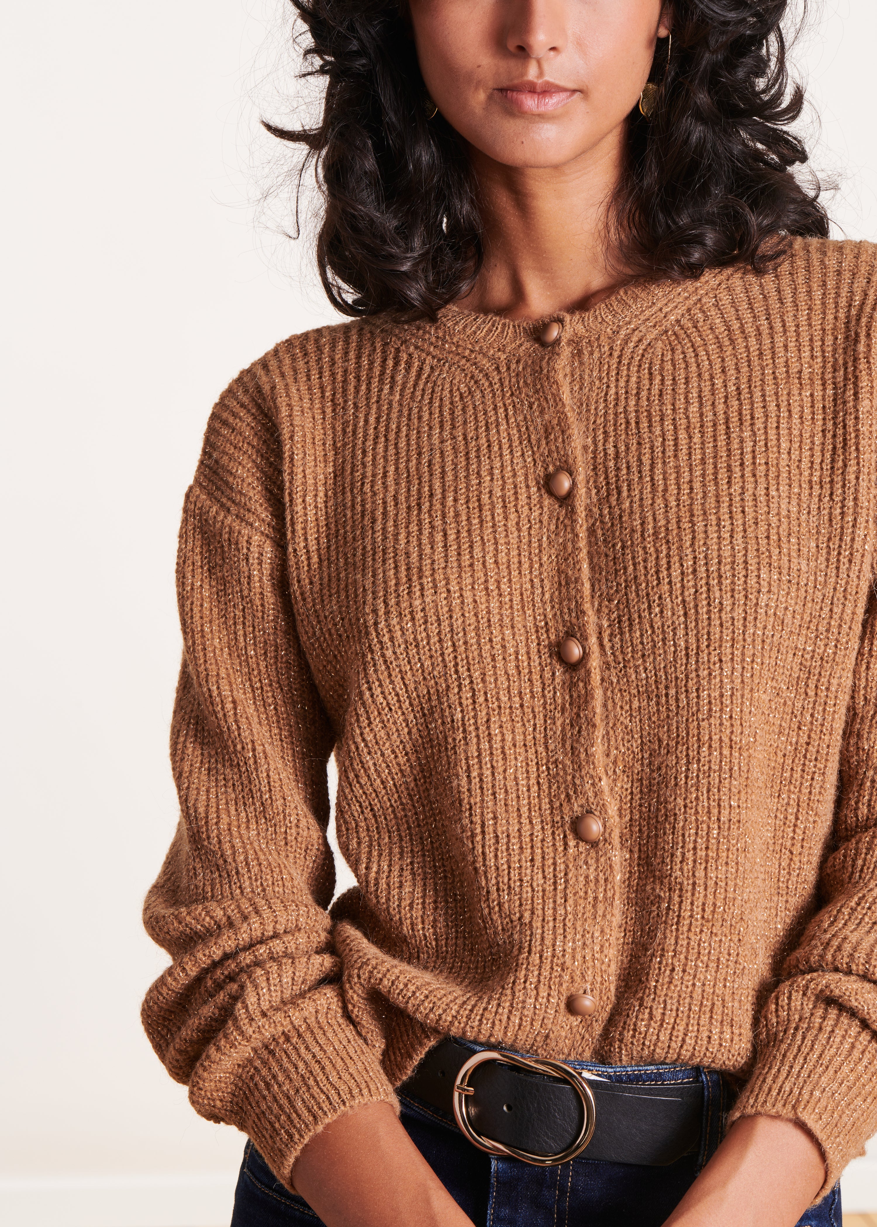 Camel iridescent knit cardigan