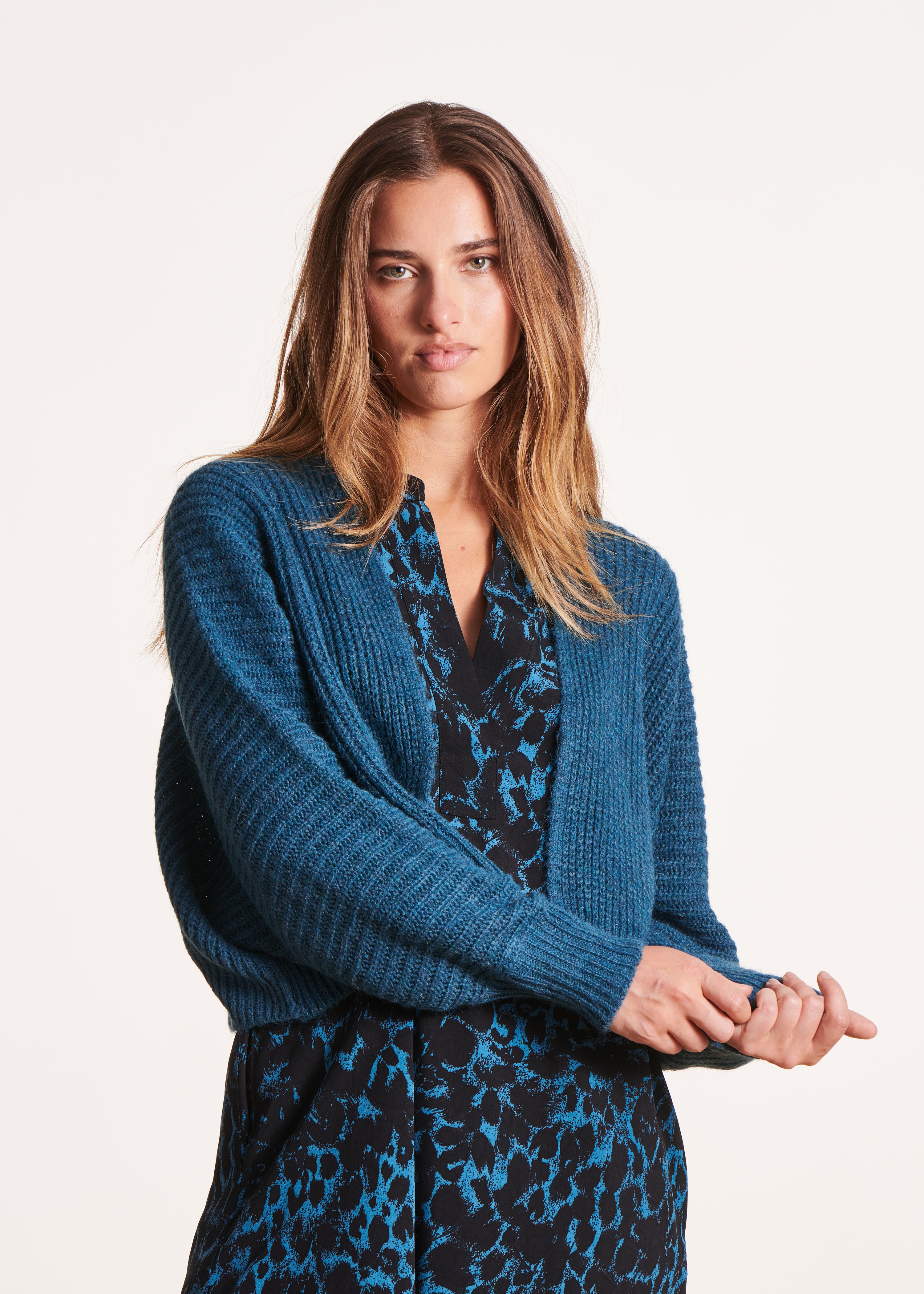 Short, open petrol blue cardigan with batwing sleeves