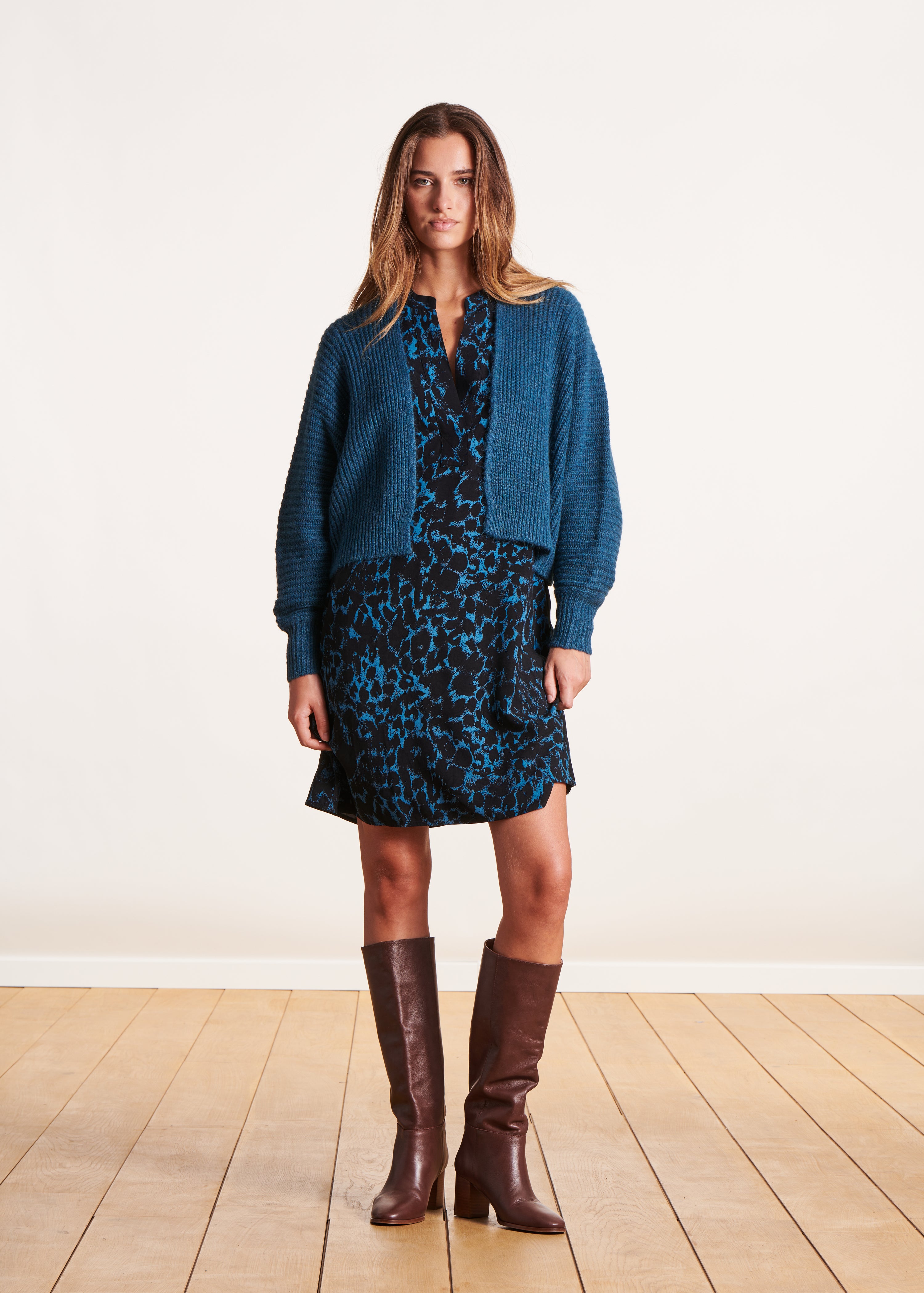 Short, open petrol blue cardigan with batwing sleeves