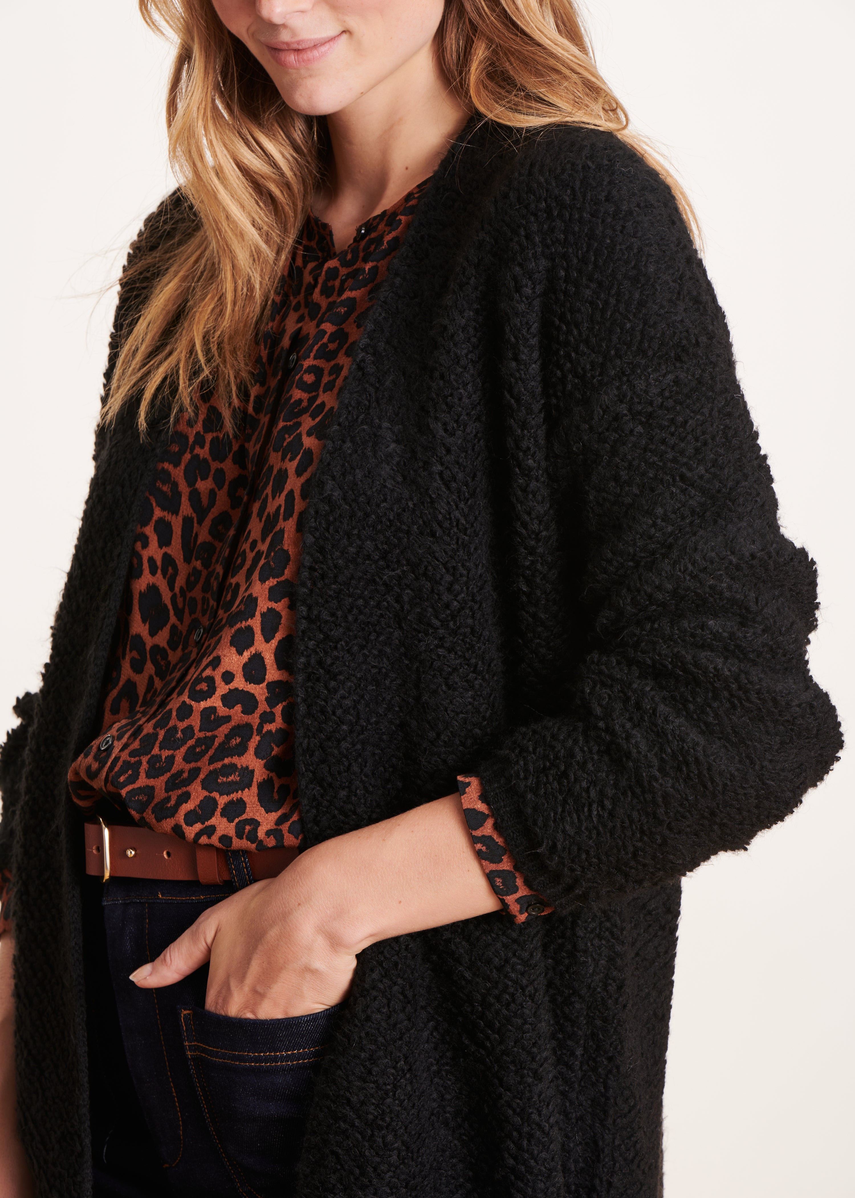 Loose black open cardigan