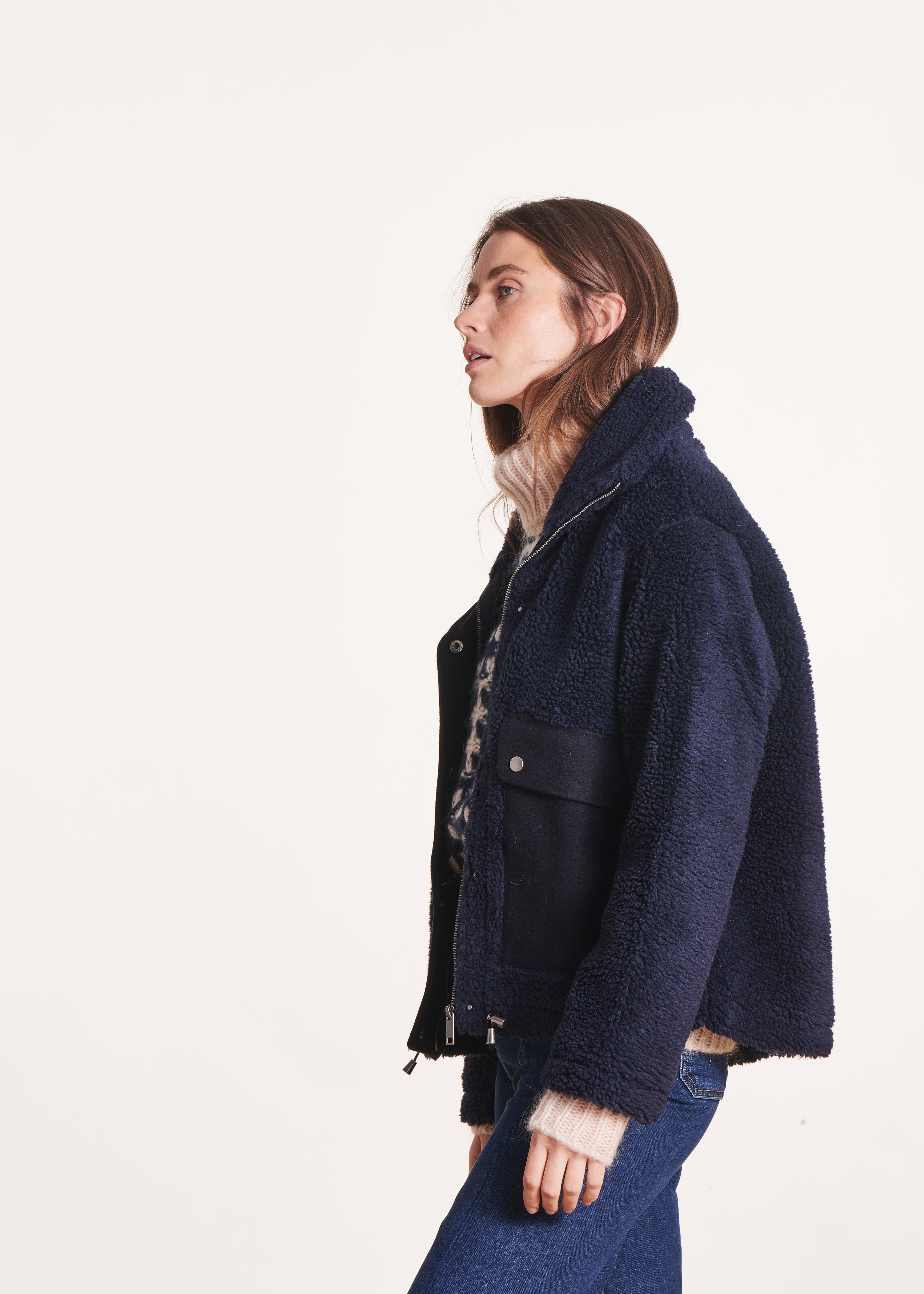 Blouson oversize bouclette bleu marine