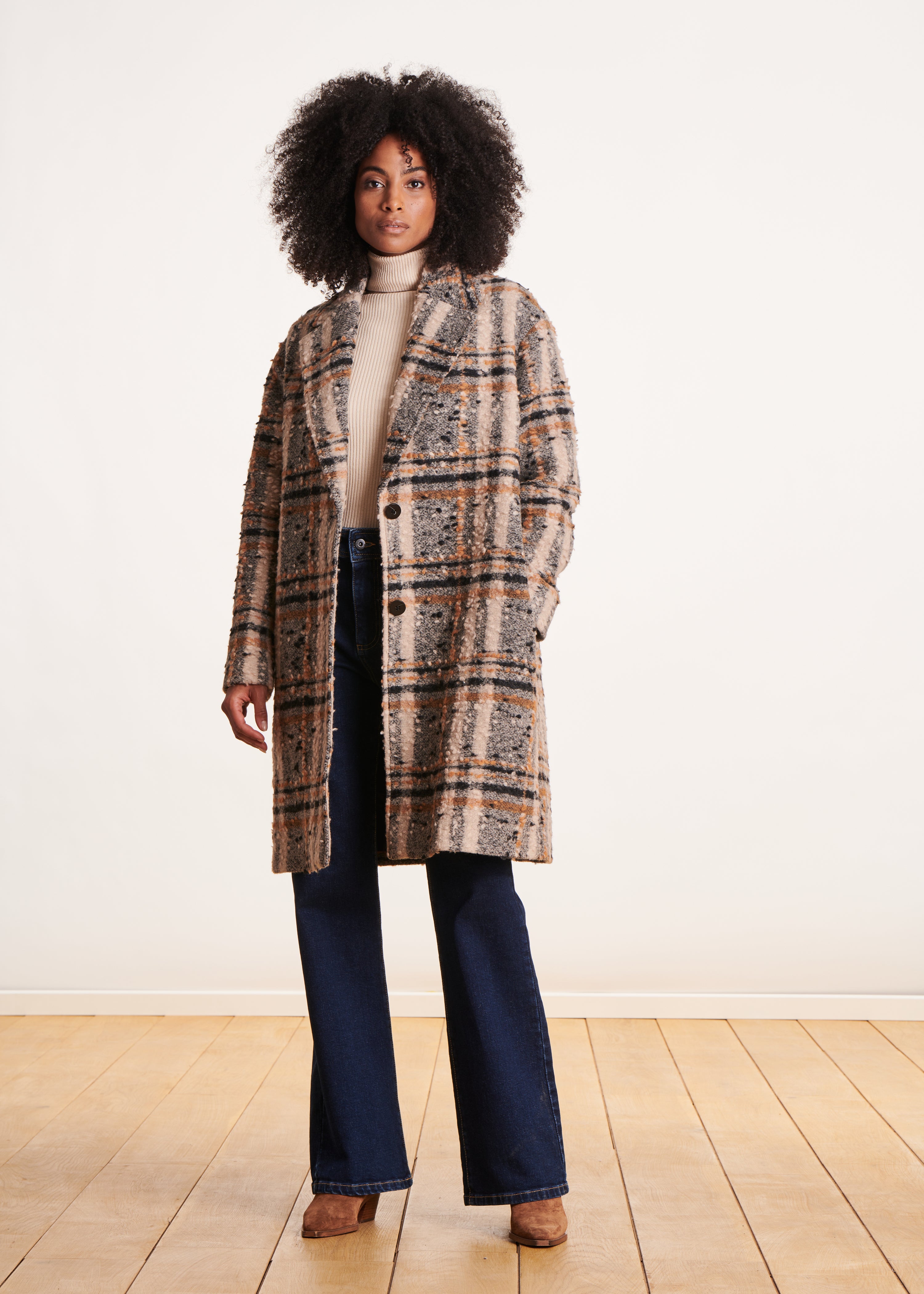 Oversized beige checked wool coat