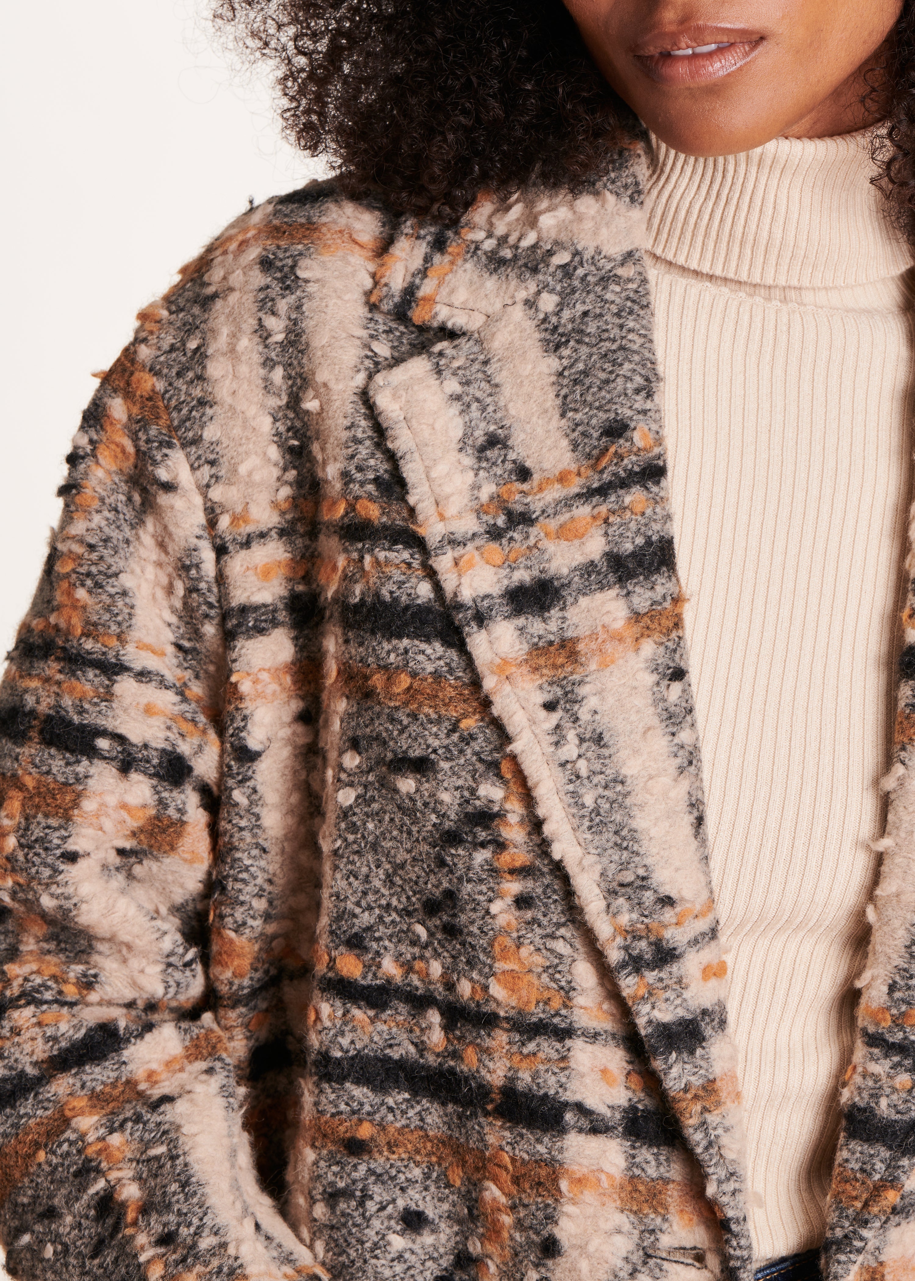 Oversized beige checked wool coat