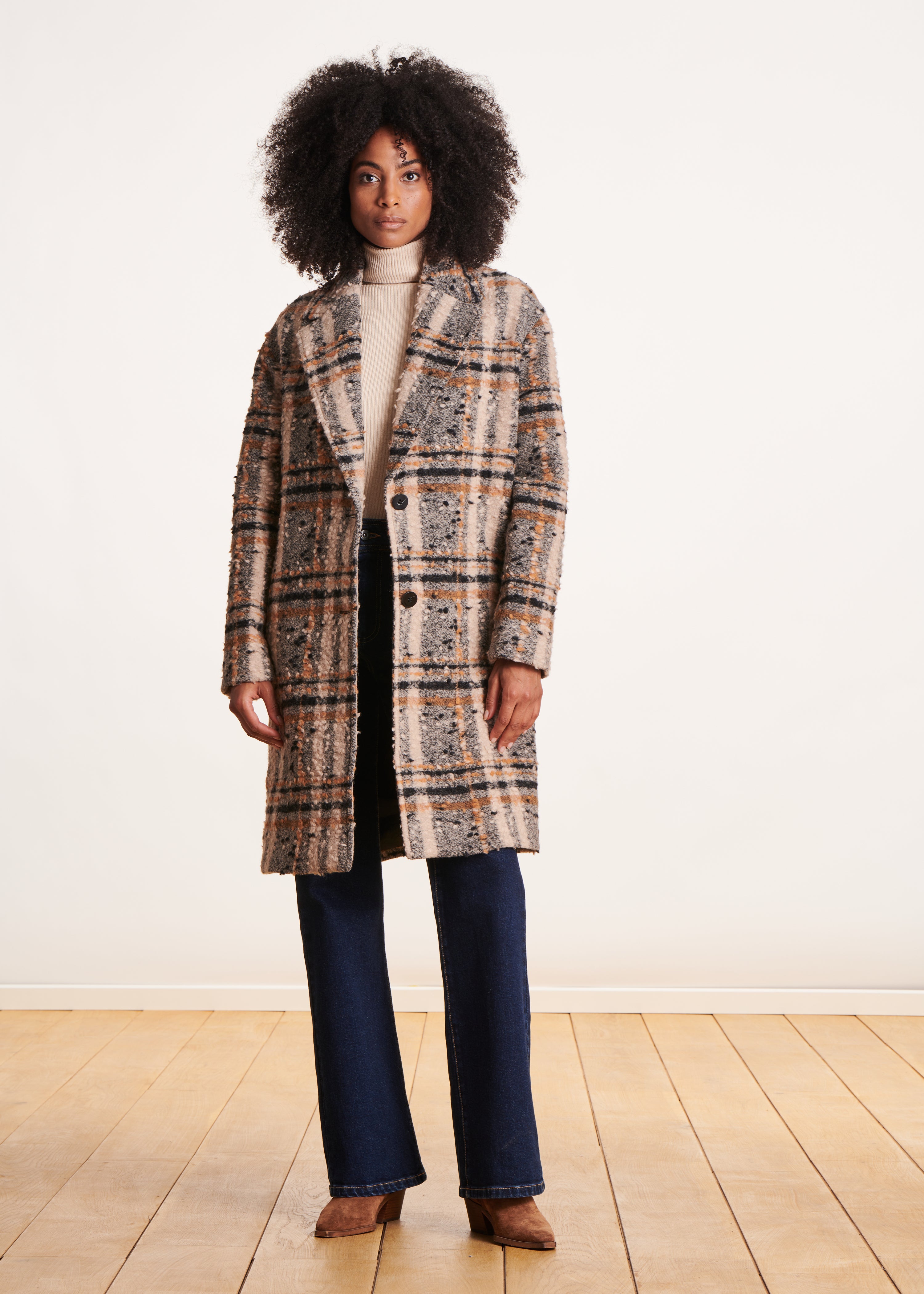 Oversized beige checked wool coat