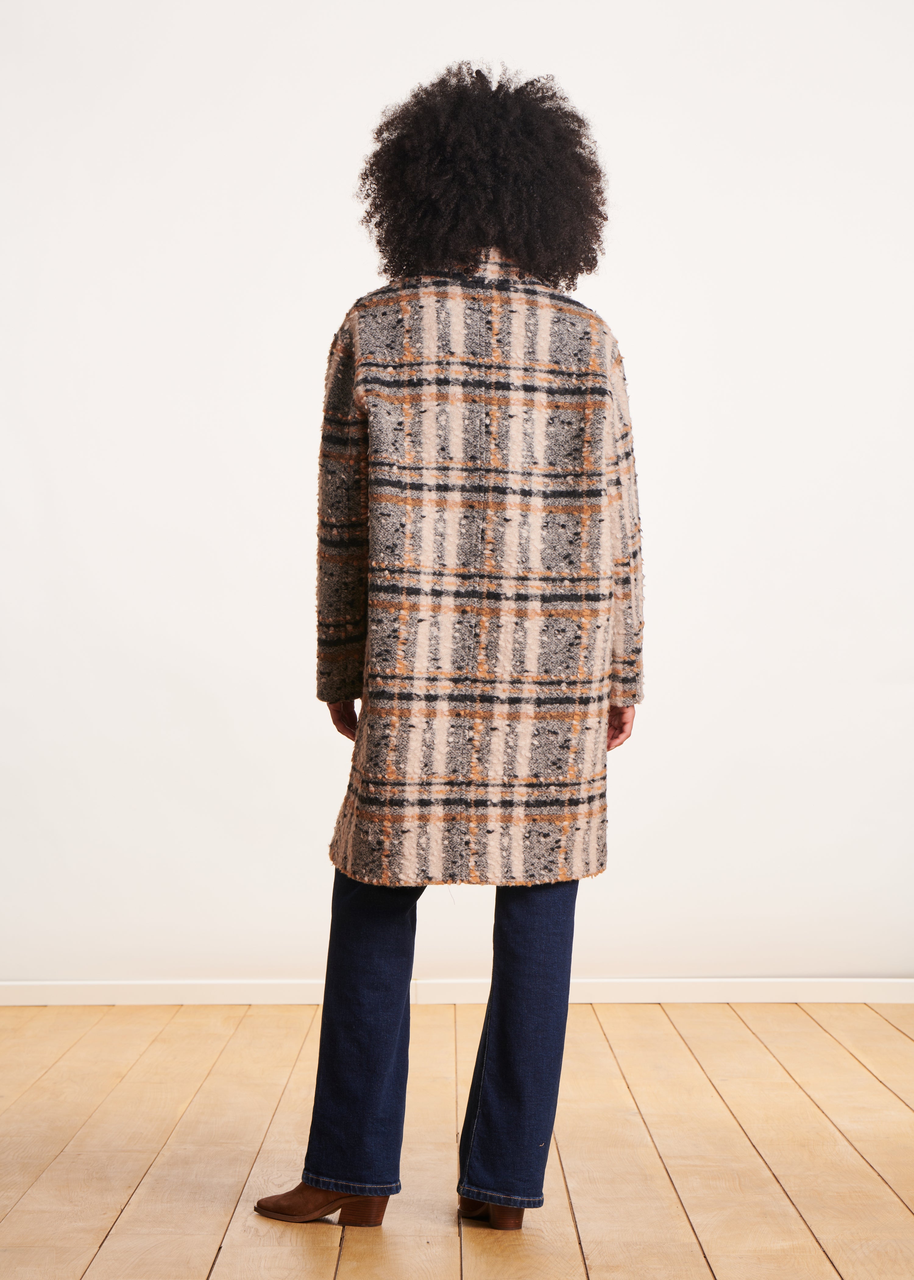 Oversized beige checked wool coat