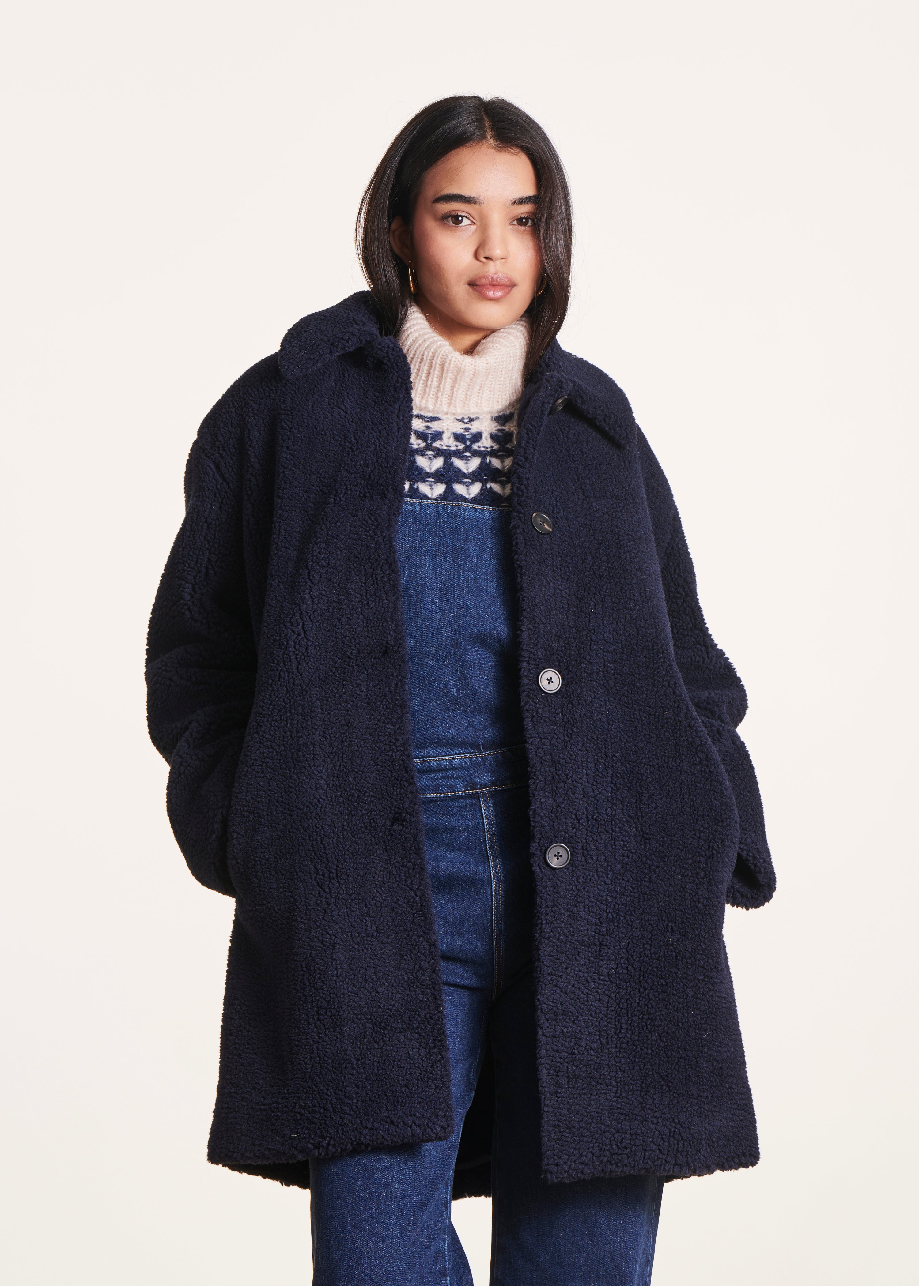 Mid-length navy blue coat with shirt collar