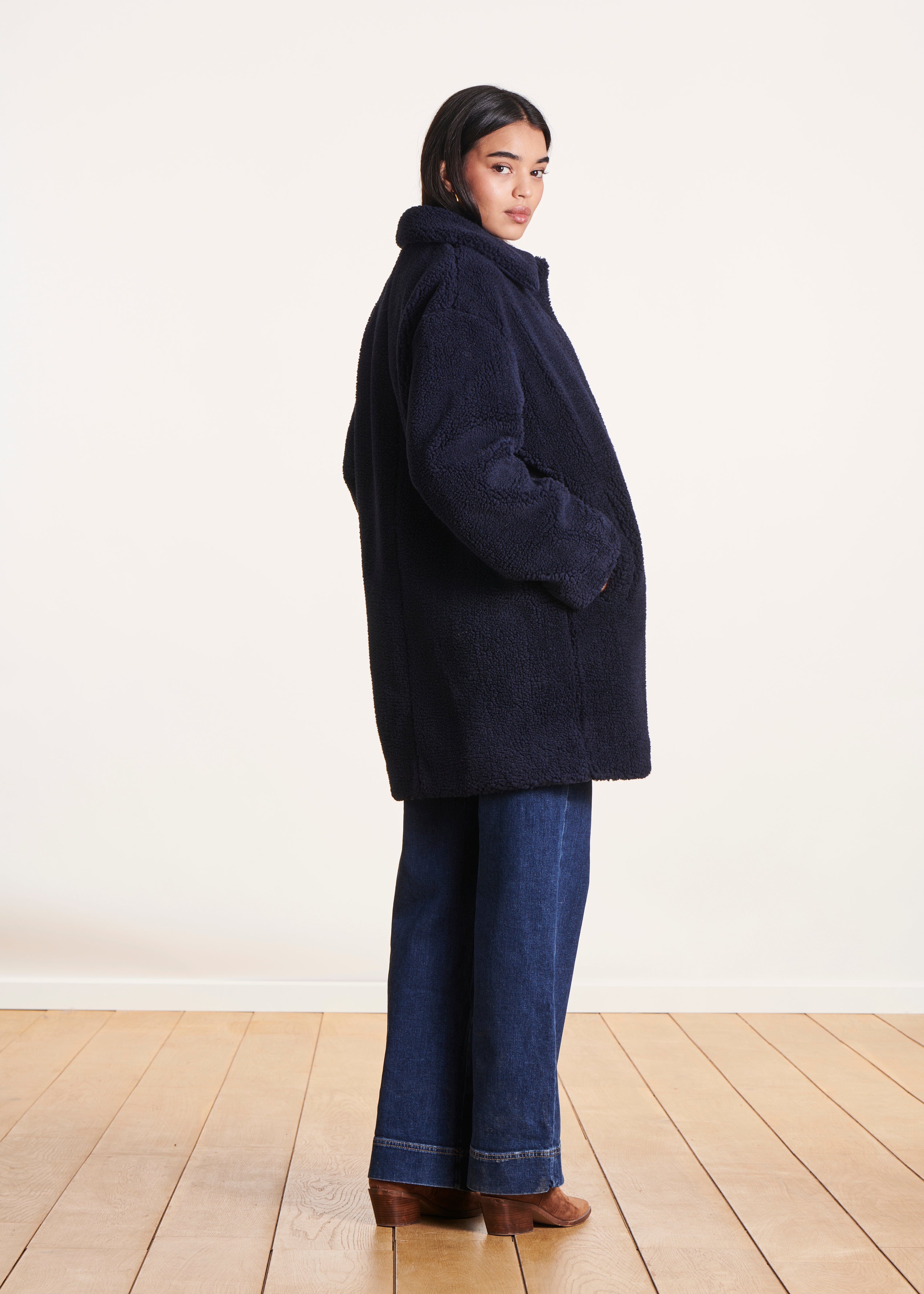 Mid-length navy blue coat with shirt collar