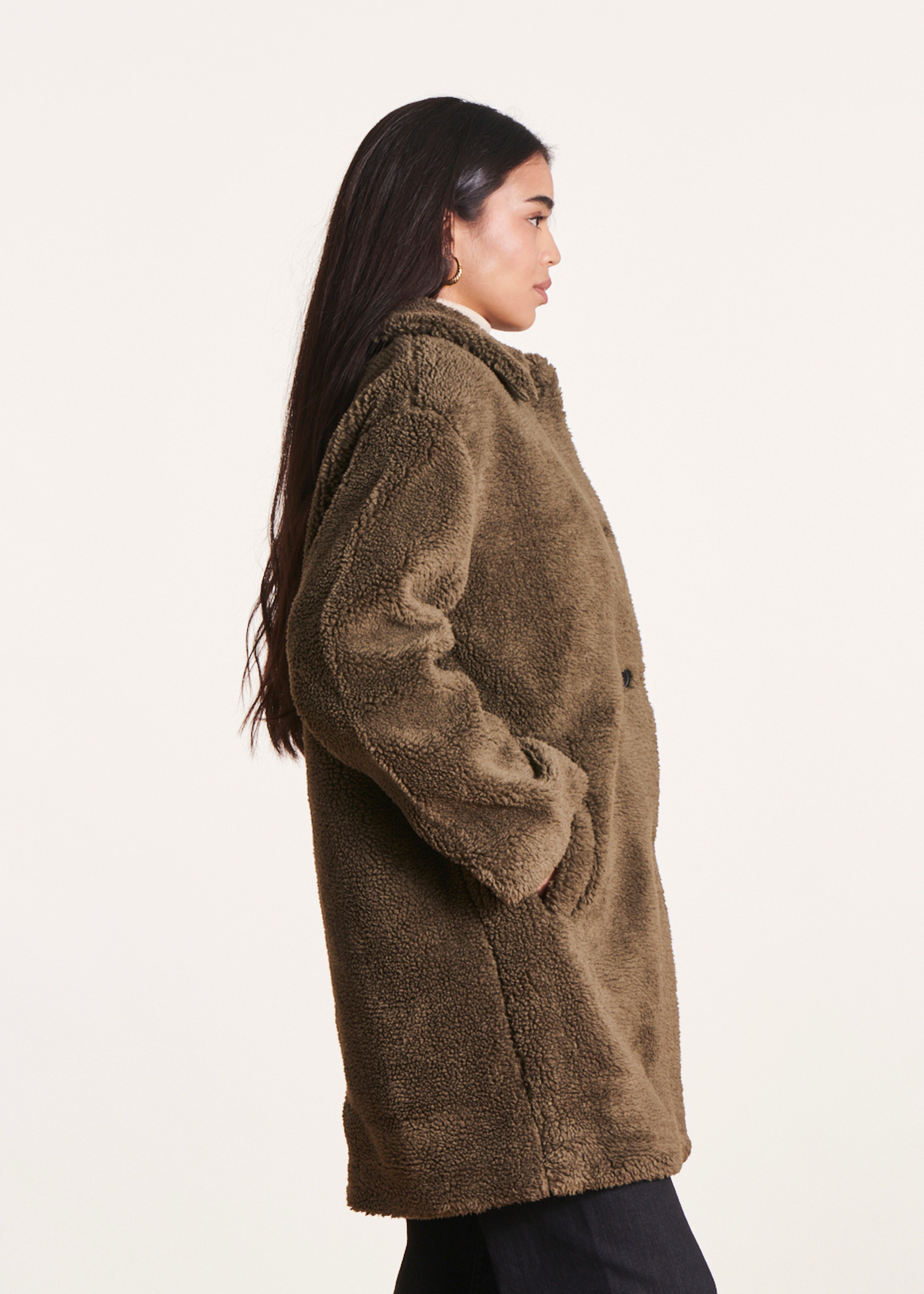 Mid-length khaki coat with shirt collar