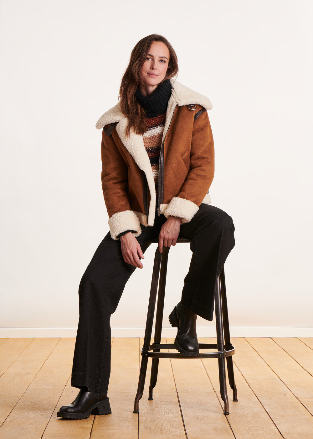 Terracotta fur-lined bomber jacket with zip