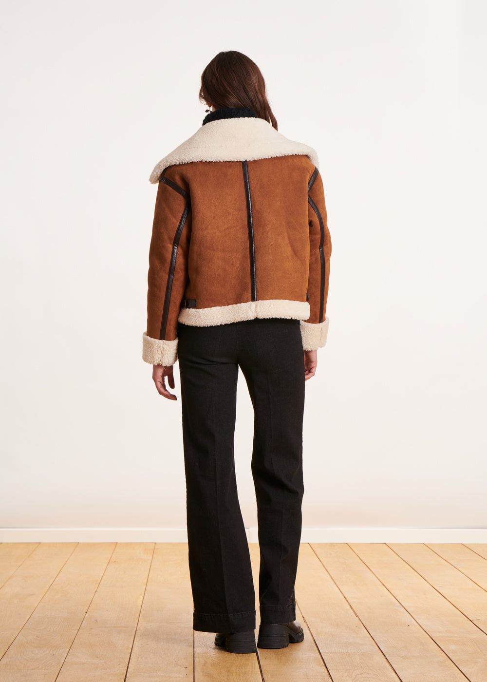 Terracotta fur-lined bomber jacket with zip