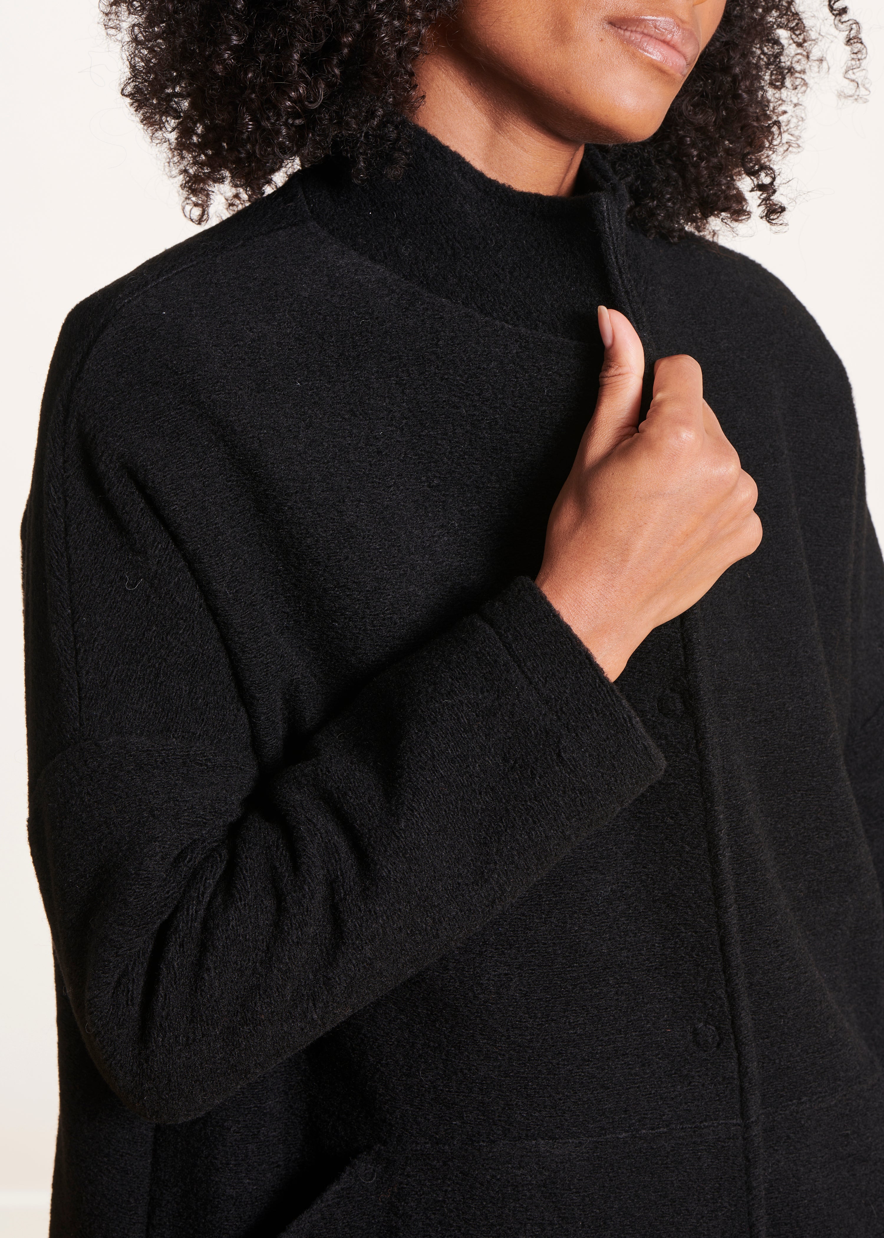 black wool coat with small collar