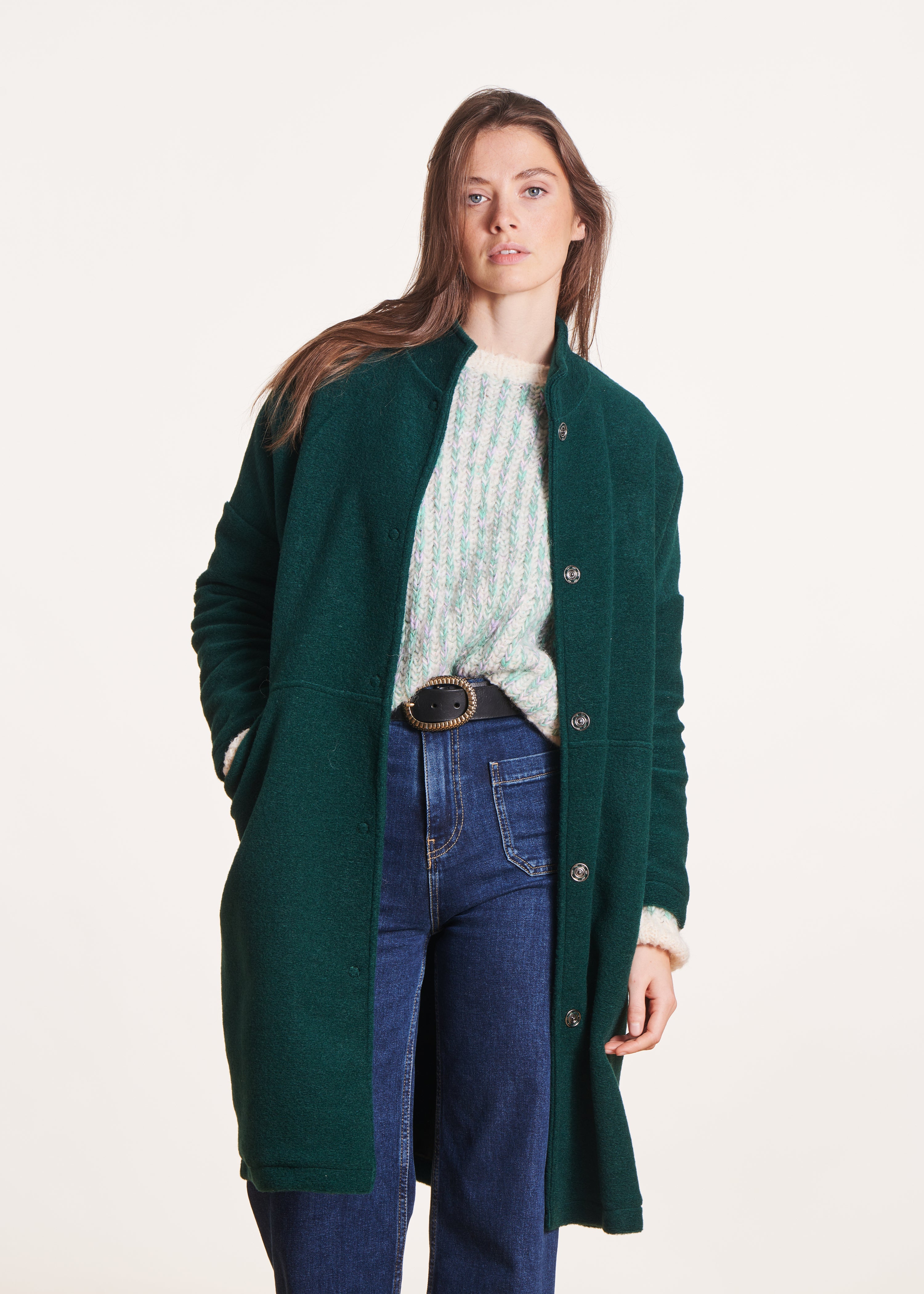 Manteau vert canard en laine avec petit col