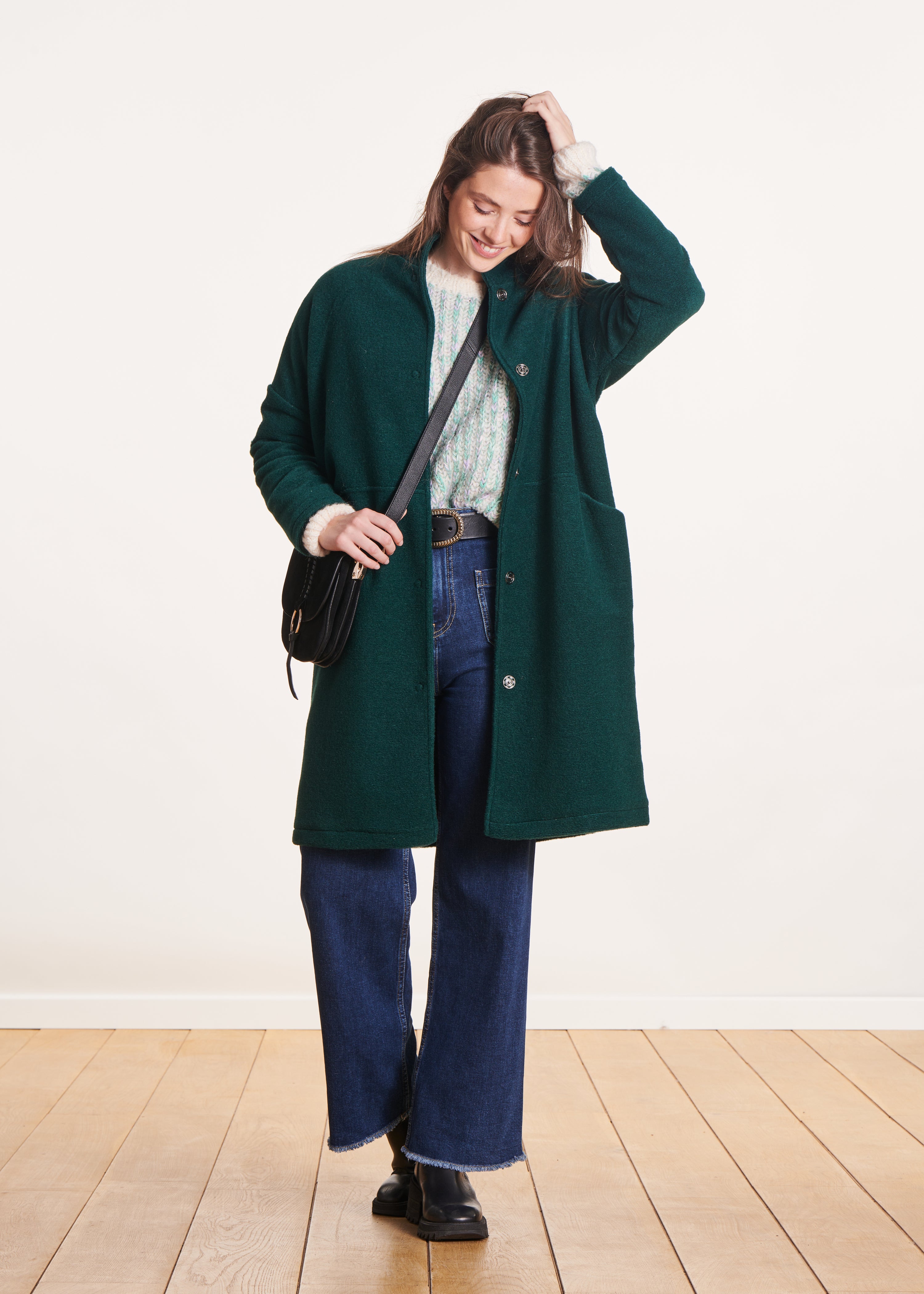 Manteau vert canard en laine avec petit col