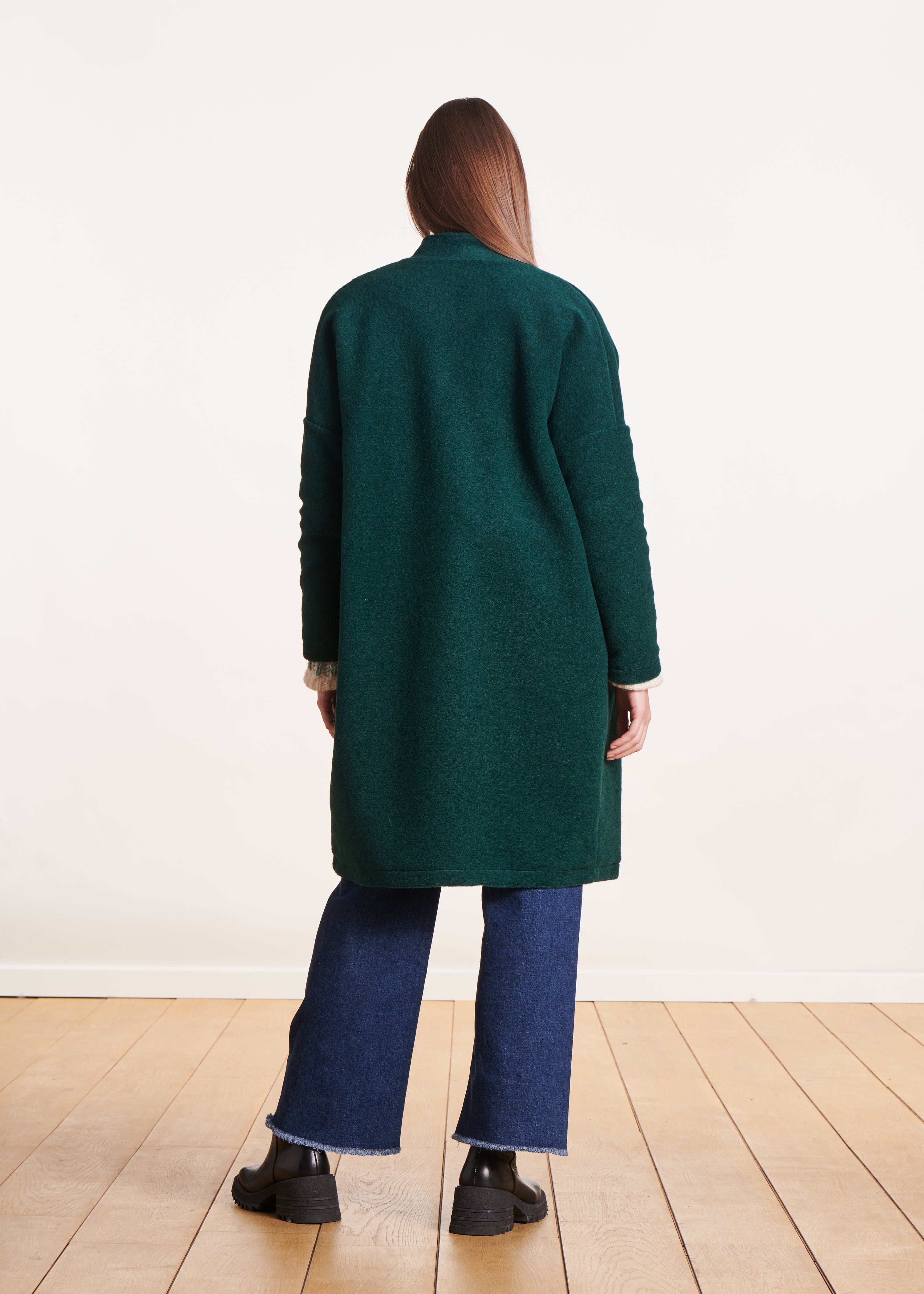 Manteau vert canard en laine avec petit col